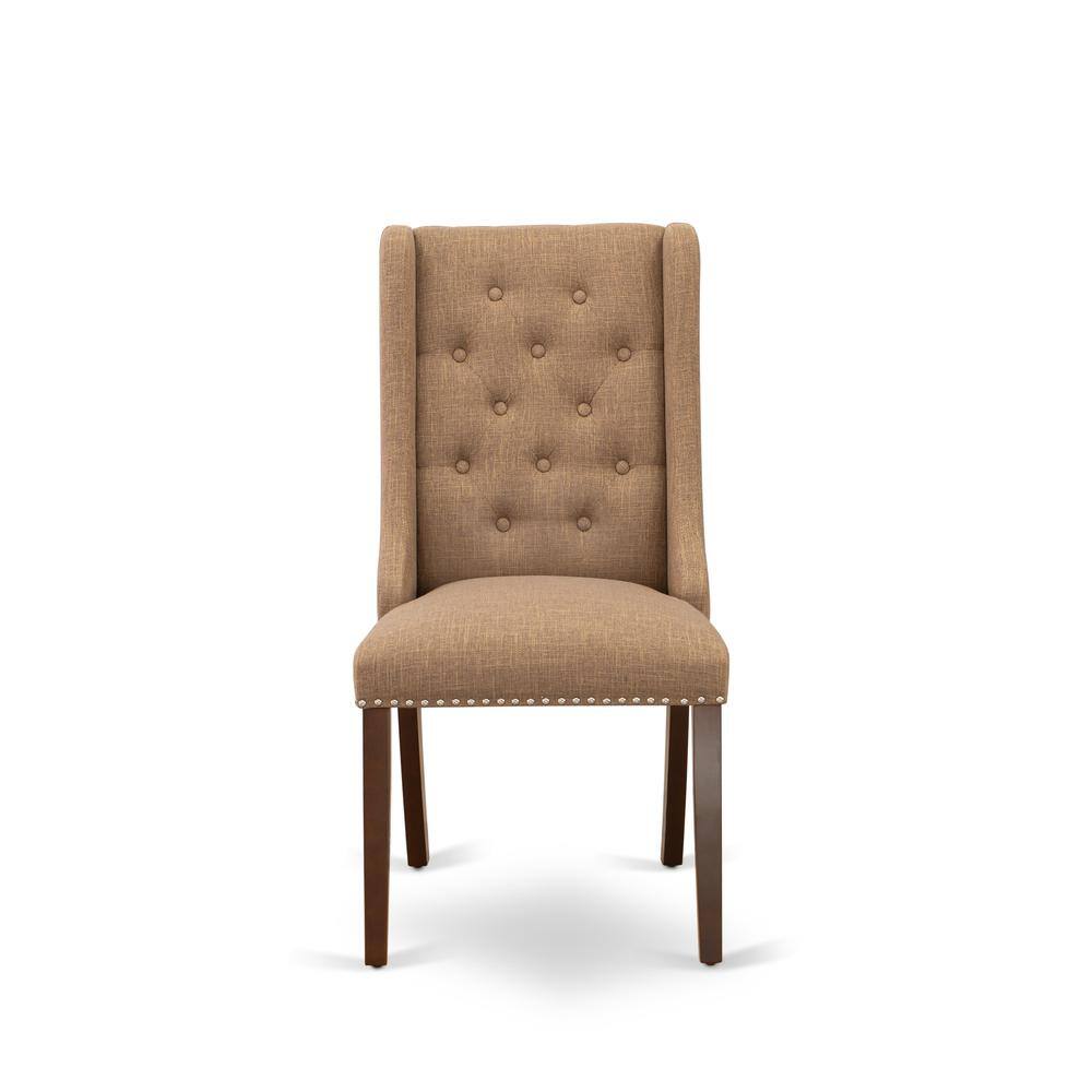 Alt View 1. East West Furniture - Light Sable Linen Fabric Parson Dining Chairs and Button Tufted Back with Mahogany Rubber Wood Legs, Set of 2 - Brown.