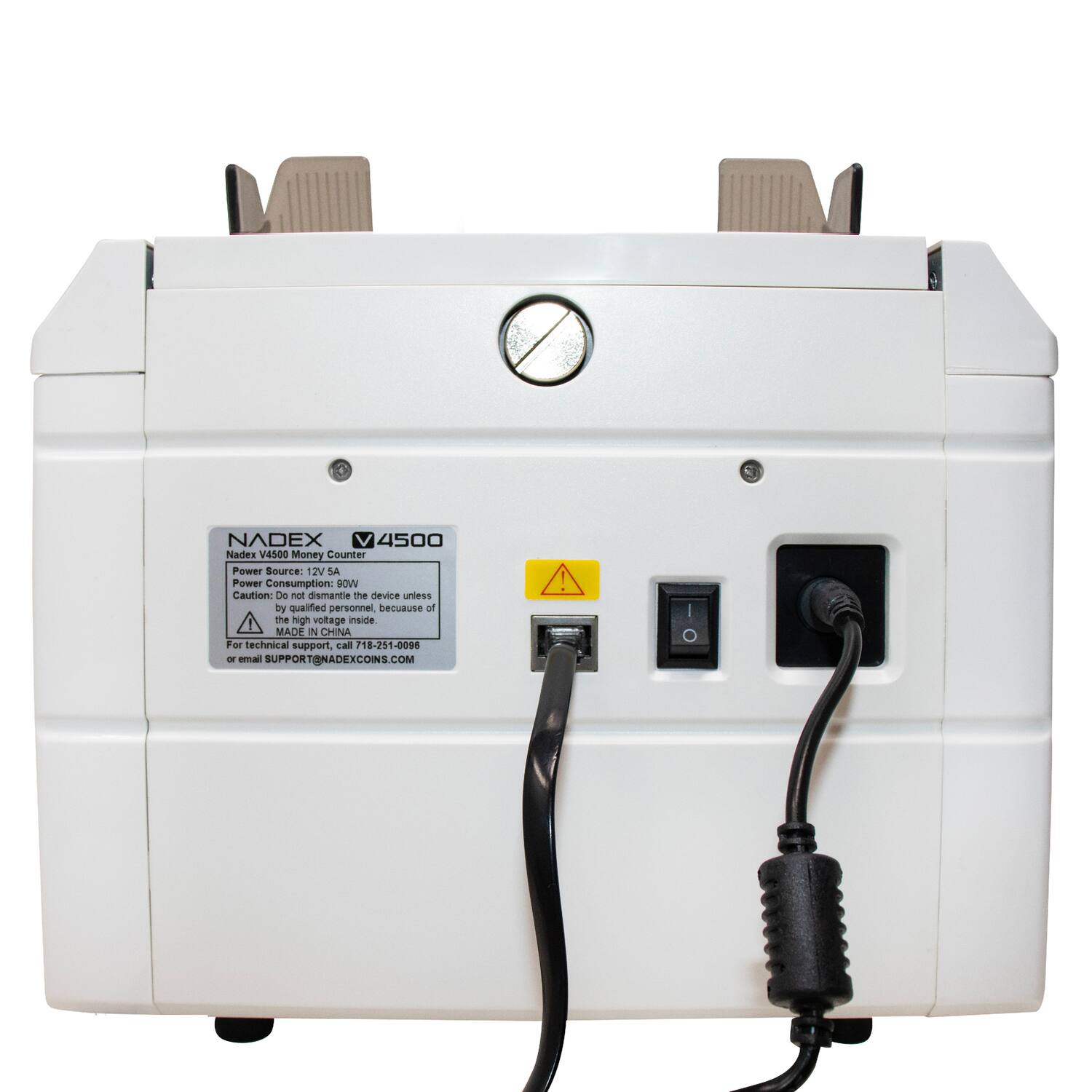 NADEX V4500 Money Counter  
Power Source: 12V SA  
Power Consumption: 50W  
Caution: Do not dismantle the device unless by qualified personnel, because of the high voltage inside.  
MADE IN CHINA  
For technical support, call 718-251-0098 or email SUPPORT@NADEXCOINS.COM