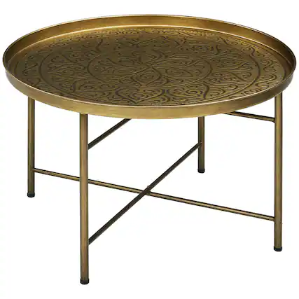 Front. Homcom - 24" Round Coffee Table w/ Hammered Tray Top, Vintage Metal Center Table for Living Room - Gold.