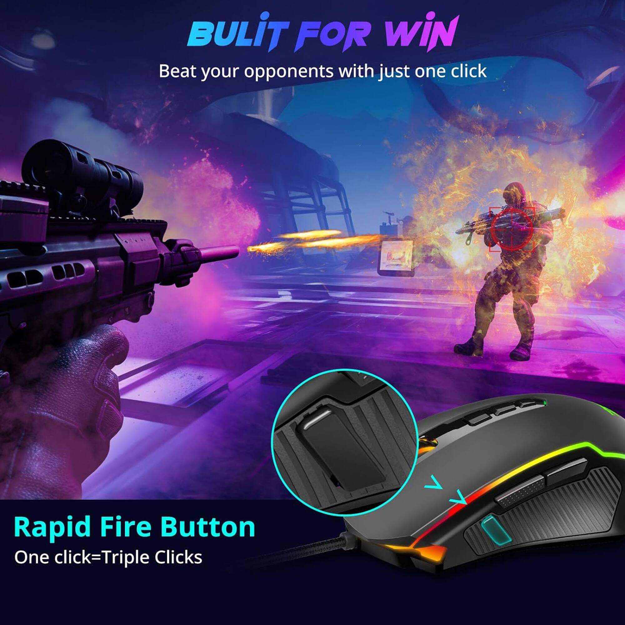 Bulit for Win: Beat your opponents with just one click. Rapid Fire Button: One click = Triple Clicks.