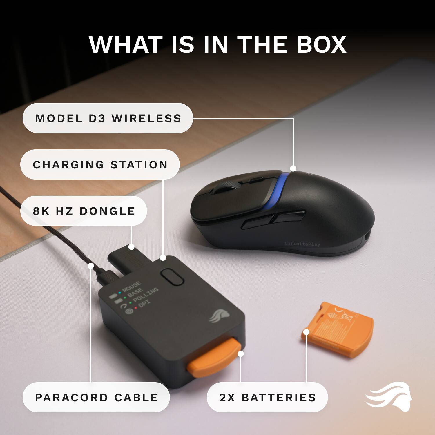 WHAT IS IN THE BOX

- MODEL D3 WIRELESS
- CHARGING STATION
- 8K HZ DONGLE
- PARACORD CABLE
- 2X BATTERIES