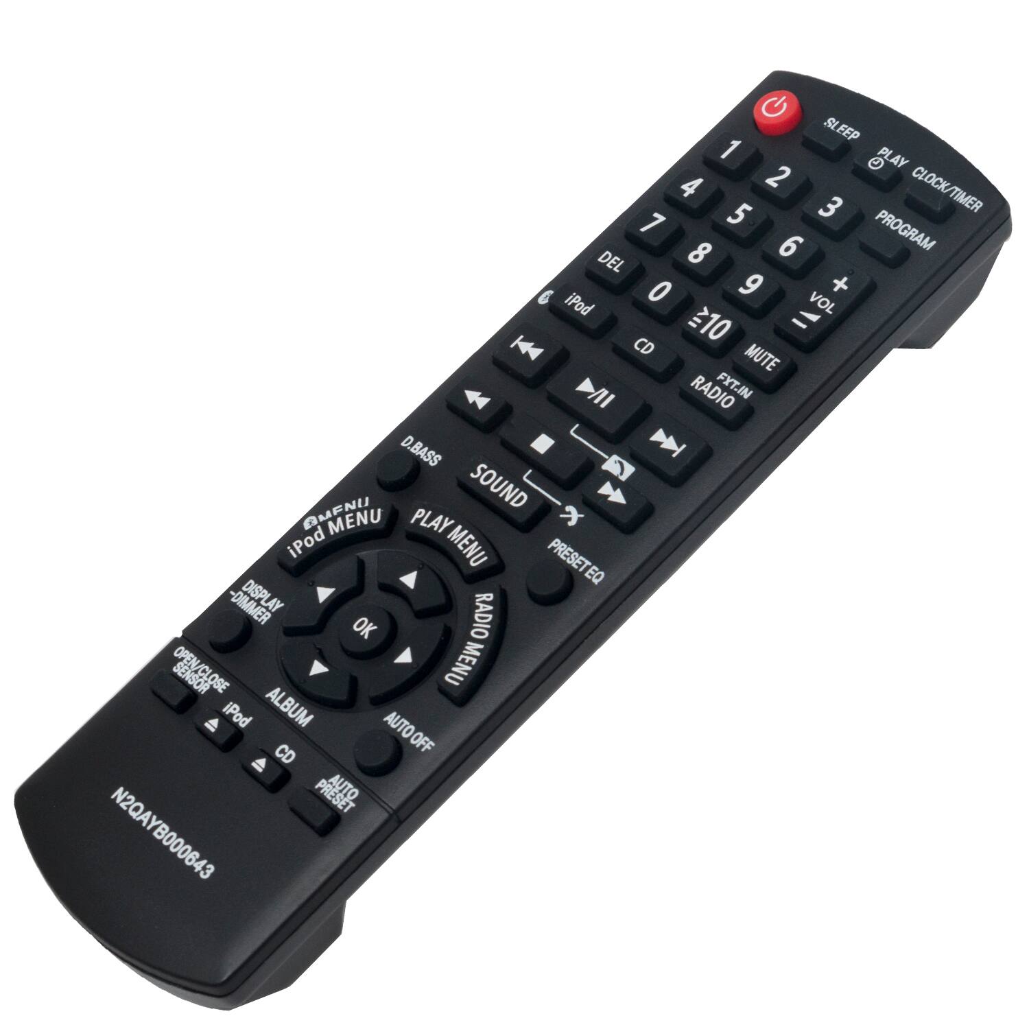 Sure, here is the corrected and grouped text from the image:

---

**Top Section:**

- SLEEP
- PLAY
- CLOCK/TIMER
- PROGRAM
- DEL
- 1
- 2
- 3
- 4
- 5
- 6
- 7
- 8
- 9
- 0
- VOL +
- VOL -
- CD
- MUTE
- RADIO
- FYT.IN
- D.BASS
- AMENI
- SOUND
- PLAY x
- iPod MENU
- PRESET
- EQ
- DIMMER
- DISPLAY
- RADIO OK
- OPEN/CLOSE MENU
- iPod ALBUM
- CD AUTO OFF
- OFF
- PRESET AUTO

**Middle Section:**

- iPod
- CD
- RADIO
- PRESET EQ

**Bottom Section:**

- iPod MENU
- PLAY MENU
- DISPLAY
- DIMMER
- OK
- RADIO MENU
- OPEN/CLOSE
- iPod
- ALBUM
- AUTO OFF
- CD
- AUTO PRESET

**Bottom Left:**

- N2QAYB000643

---