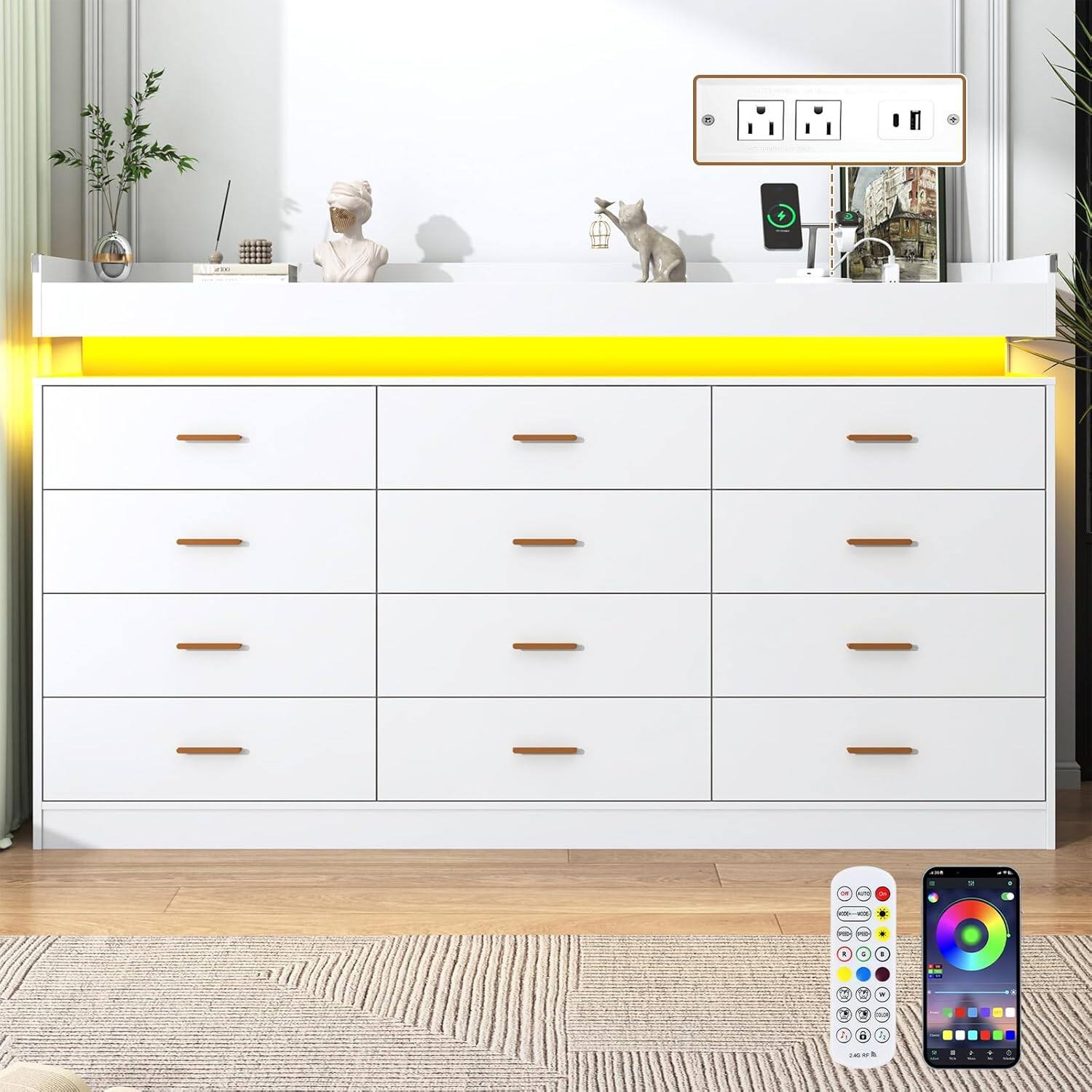 Angle. Espafurni - 12 - Drawer Dresser with LED Light & Charging Station - Modern Chest for Bedroom, Living Room, Entryway & Hallway - White.