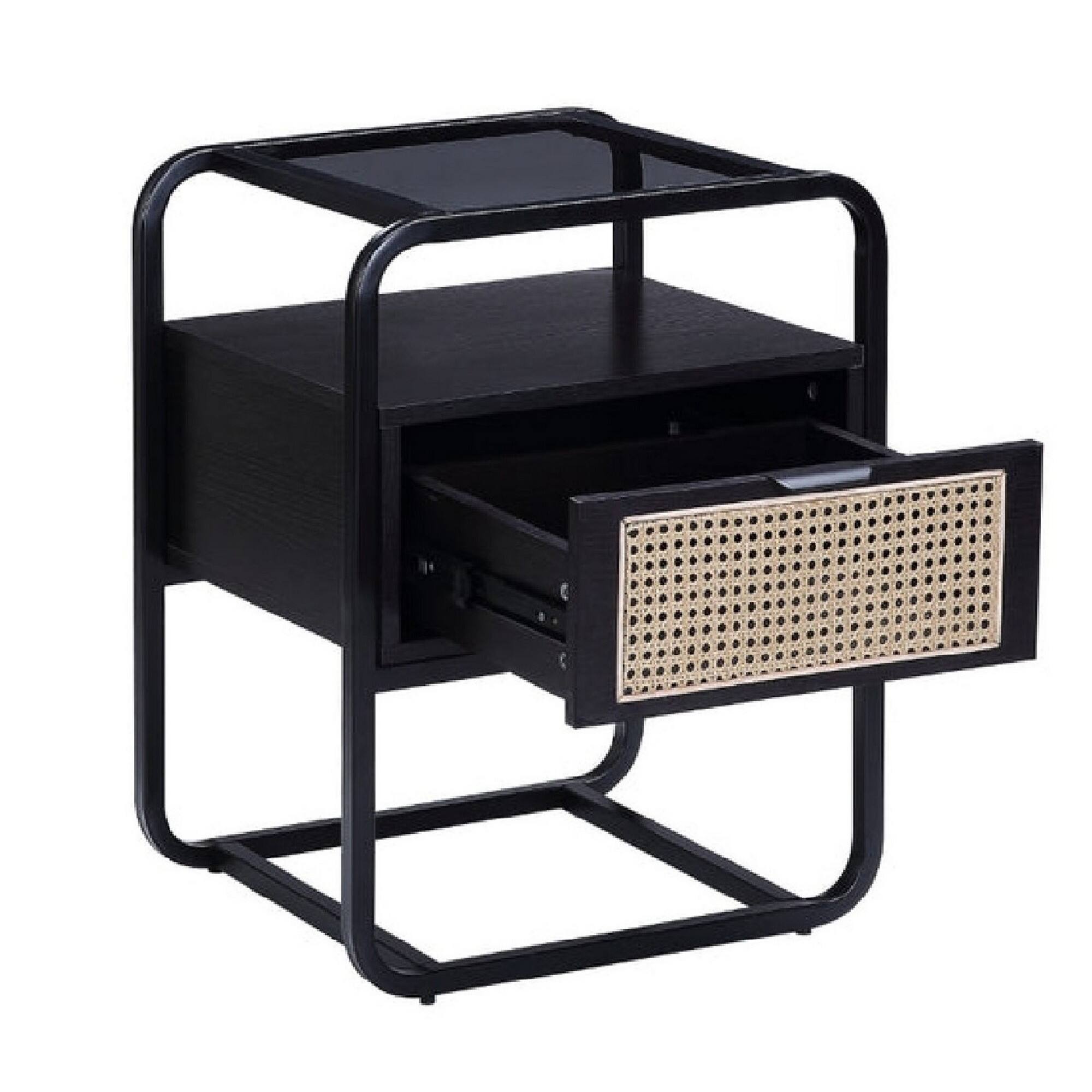 Alt View 3. Manhattan Lane - 24 Inch Wood Accent Table, Tempered Glass Table Top, Pull Out Drawer - Black.