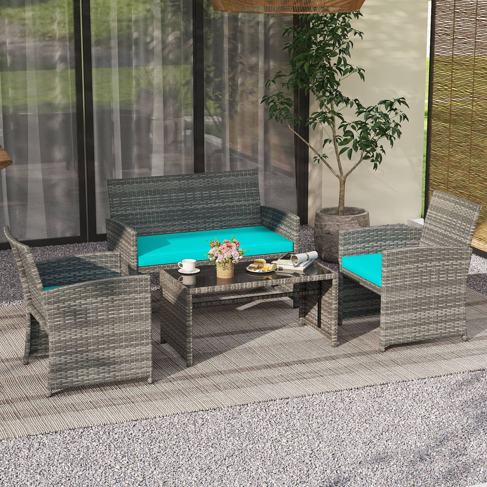 Alt View 1. Gymax - Gymax 4PCS Patio Outdoor Conversation Set w/Seat Cushions & Tempered Glass Tabletop Tuurquoise - Turquoise.