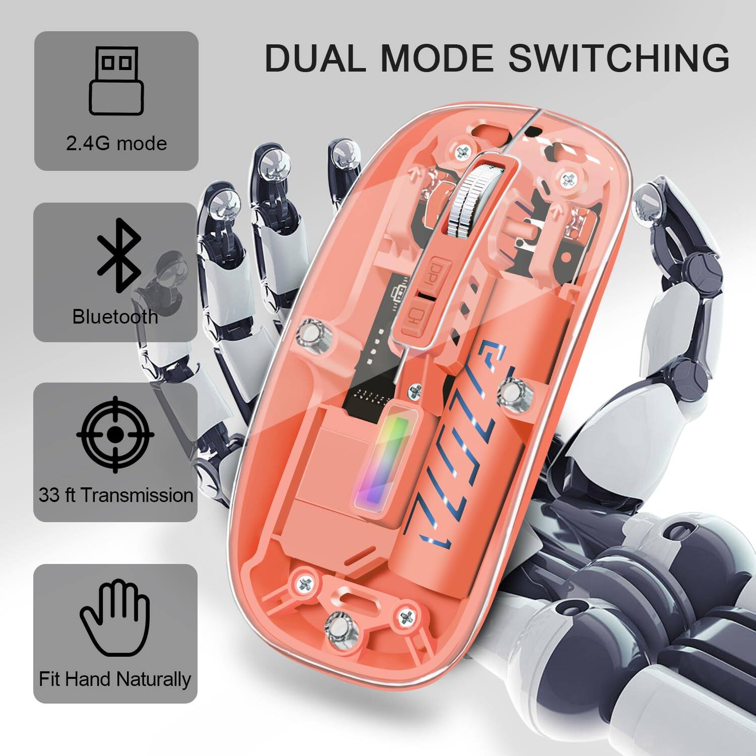DUAL MODE SWITCHING

- 2.4G mode
- Bluetooth
- 33 ft Transmission
- Fit Hand Naturally