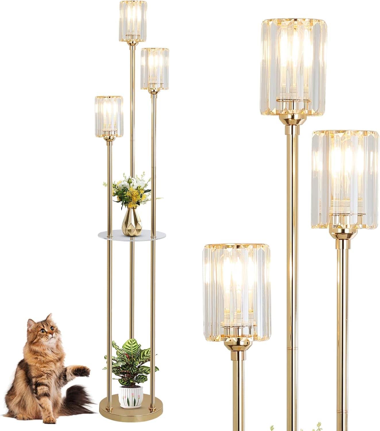 Z-Edge - Floor Lamps for Living Room, Modern Floor Lamp with Shelves, Crystal Standing Lamps, Brass Tall Lamp with Crystal Shade - Gold