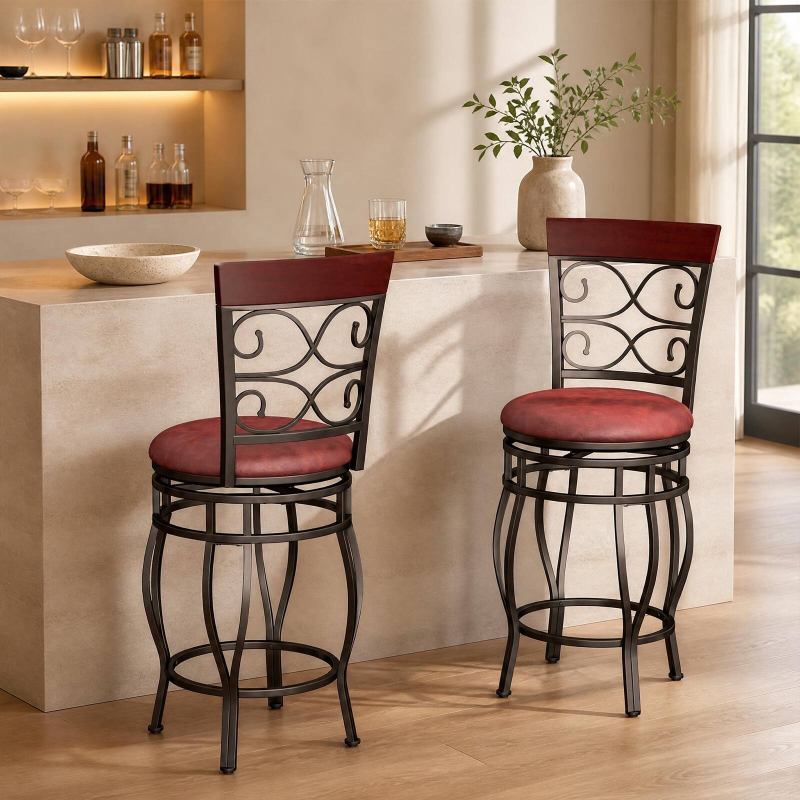 Alt View 7. Costway - Costway 26" Swivel Bar Stools Set of 4 with Upholstered Seat Scroll Backrest Footrest Brown - Brown 26".