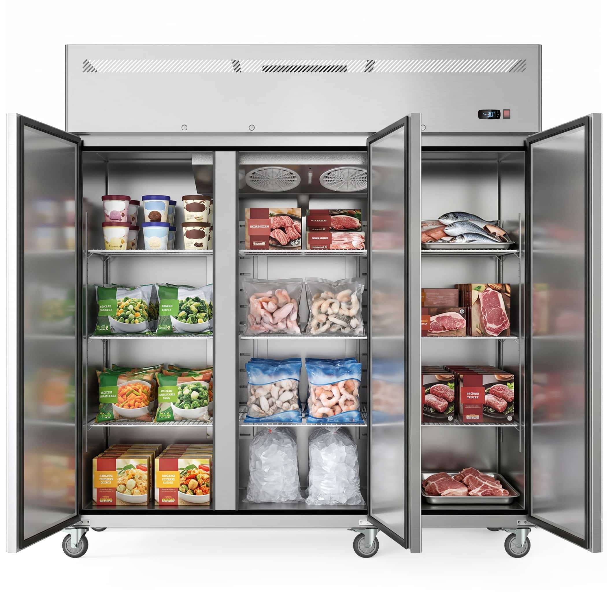 Coolake - 72"W 54 Cu.Ft. Commercial Upright Freezer with 3 Doors for Restaurant Garage Church, -8 to 0℉ - Stainless Steel