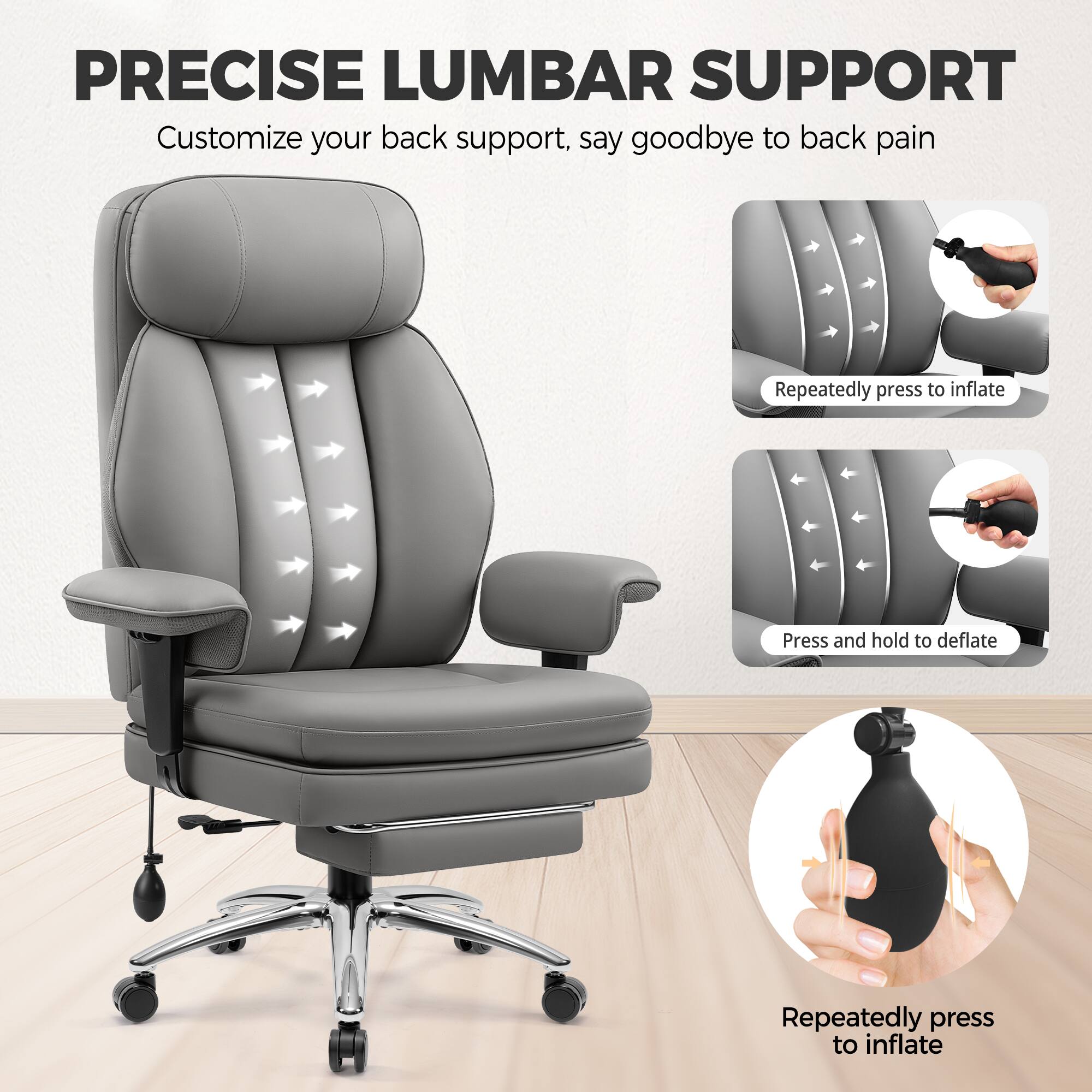 PRECISE LUMBAR SUPPORT  
Customize your back support, say goodbye to back pain  

Repeatedly press to inflate  
Press and hold to deflate  
Repeatedly press to inflate