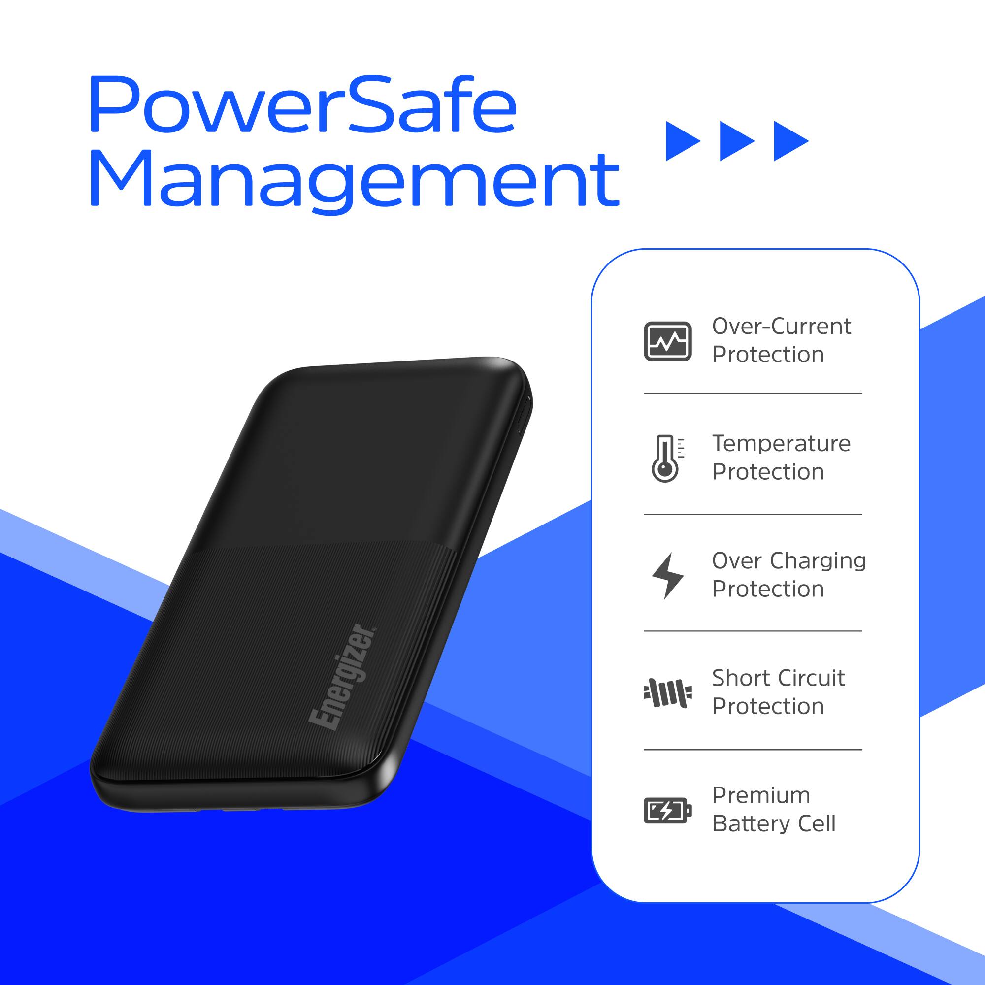 PowerSafe Management:

1. Over-Current Protection
2. Temperature Protection
3. Over-Charging Protection
4. Short Circuit Protection
5. Premium Battery Cell

The image features a black box with the words "PowerSafe Management" on it, along with icons representing the various protections it offers.