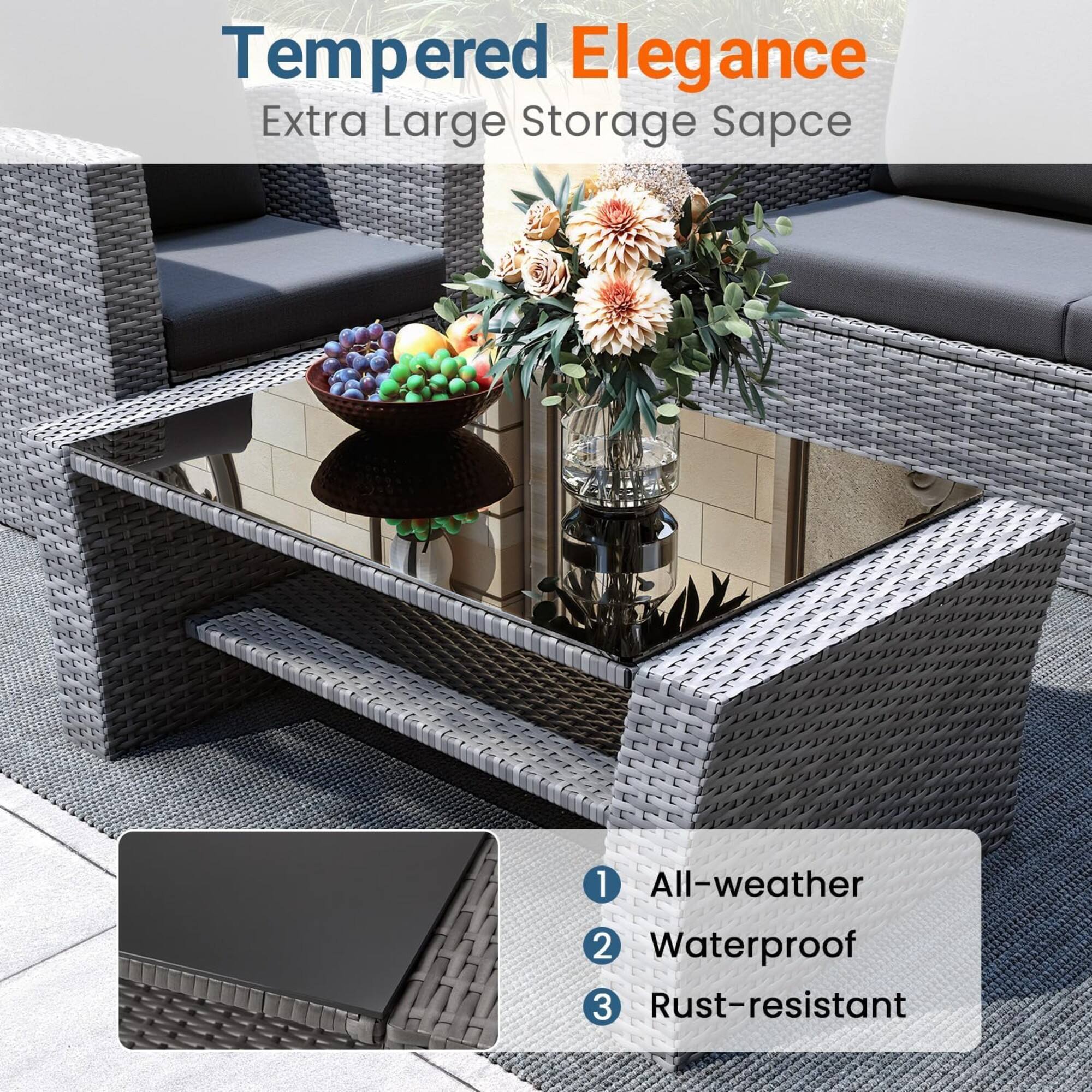Tempered Elegance  
Extra Large Storage Space  

1. All-weather  
2. Waterproof  
3. Rust-resistant