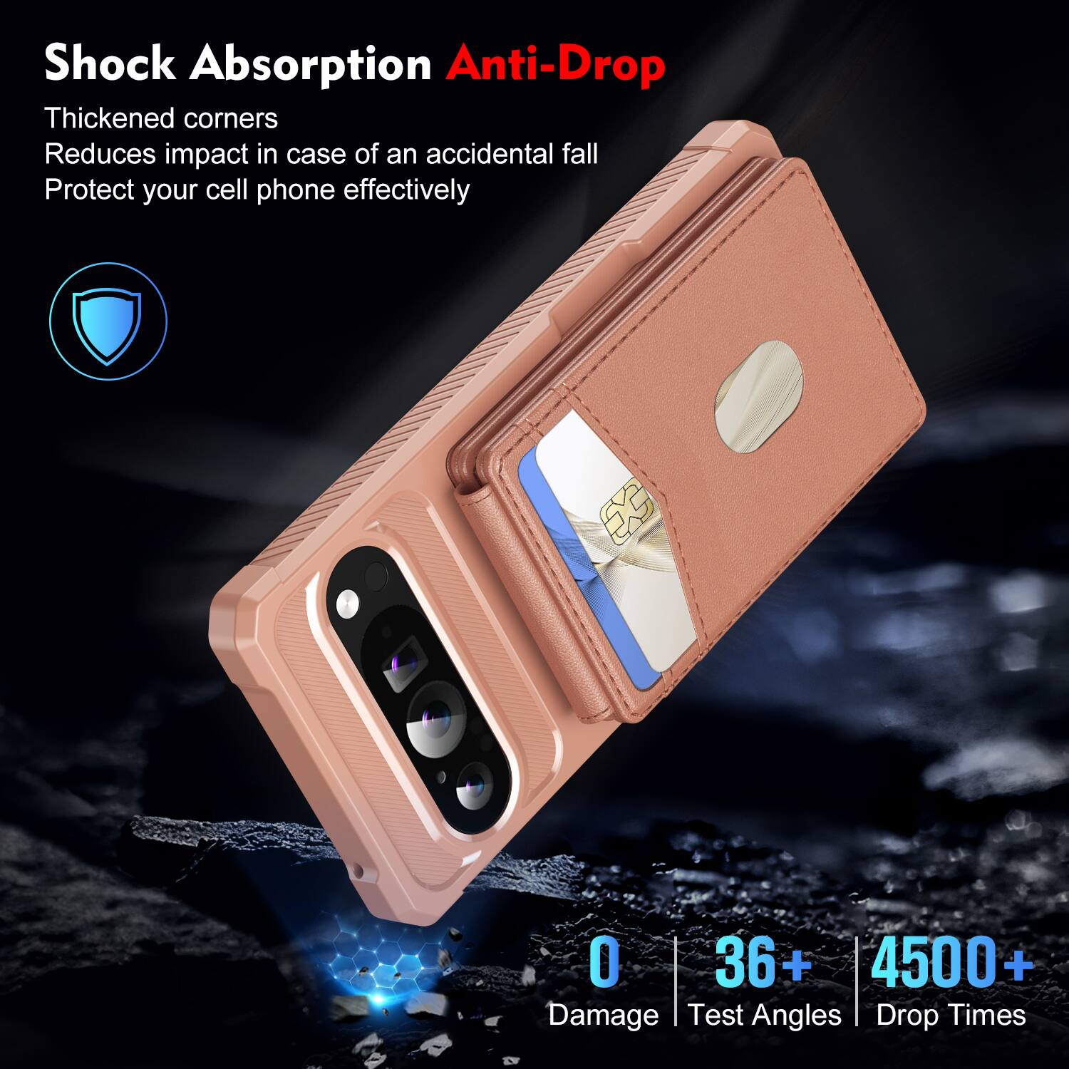 Shock Absorption Anti-Drop  
Thickened corners  
Reduces impact in case of an accidental fall  
Protect your cell phone effectively  

0 Damage  
36+ Test Angles  
4500+ Drop Times