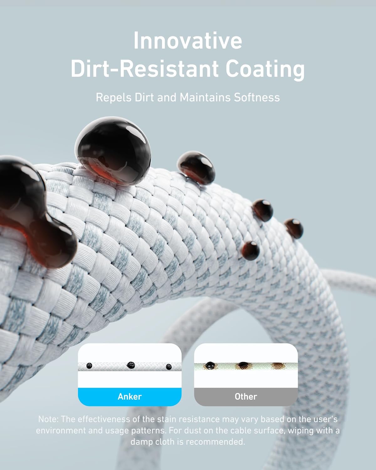 Innovative Dirt-Resistant Coating  
Repels Dirt and Maintains Softness  

Anker  
Other  

Note: The effectiveness of the stain resistance may vary based on the user's environment and usage patterns. For dust on the cable surface, wiping with a damp cloth is recommended.
