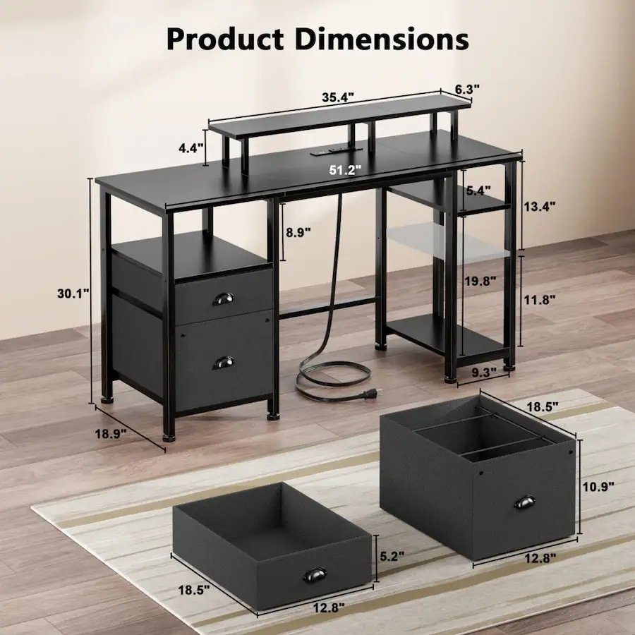 Folder Rack Tall Furnulem Computer Desk with Charging Station Gaming Desk LED Lights ...