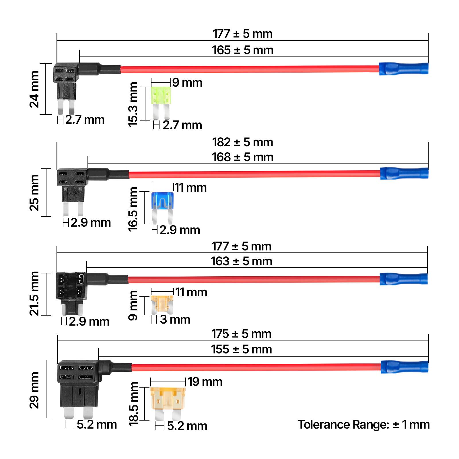 - 24 mm
  - H2.7 mm
  - 177 ± 5 mm
  - 165 ± 5 mm
  - 9 mm

- 25 mm
  - H2.9 mm
  - 182 ± 5 mm
  - 168 ± 5 mm
  - 11 mm

- 21.5 mm
  - H2.9 mm
  - 177 ± 5 mm
  - 163 ± 5 mm
  - 9 mm
  - H3 mm

- 29 mm
  - H5.2 mm
  - 175 ± 5 mm
  - 155 ± 5 mm
  - 19 mm

Tolerance Range: ± 1 mm