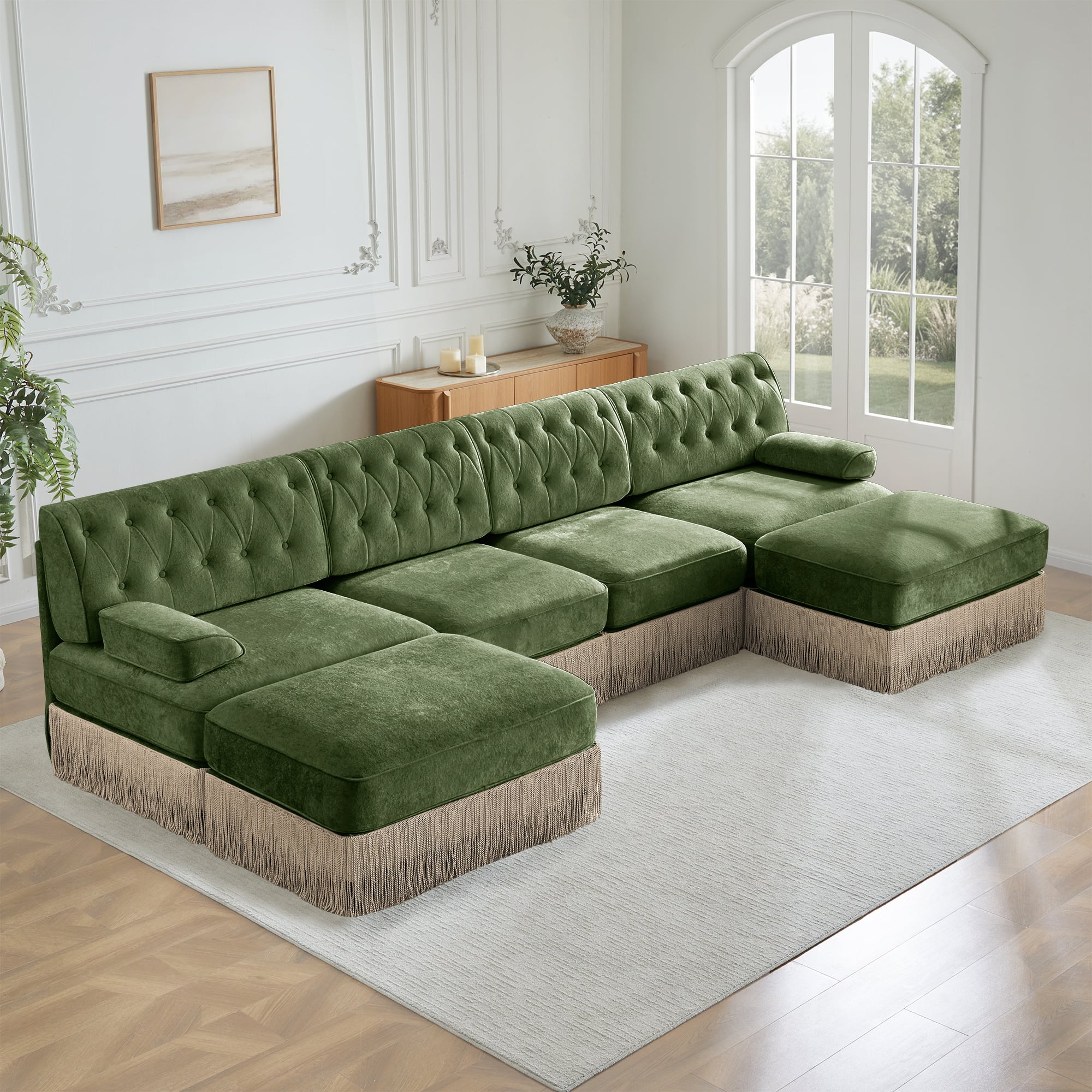 Anysun - 4-Seat Cloud Modular Sectional with 2 Ottomans - Tassel Skirt, Button Tufted, Foam Cushions & Wood Base - Green