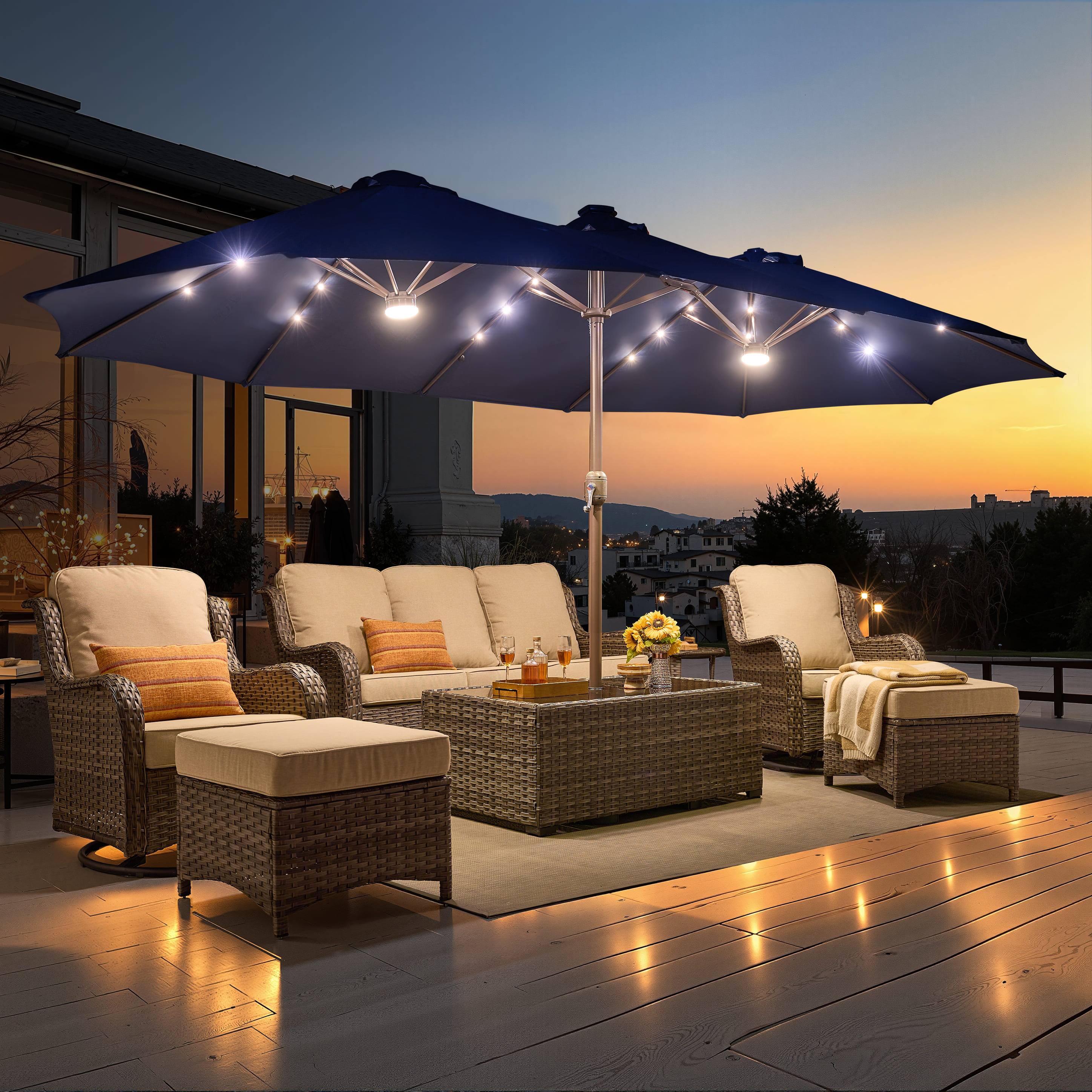 Front. Ovios - 15ft Large Patio Umbrella with Base Outdoor Rectangle Umbrella with Warm White Solar LED Lights - Dark Blue.