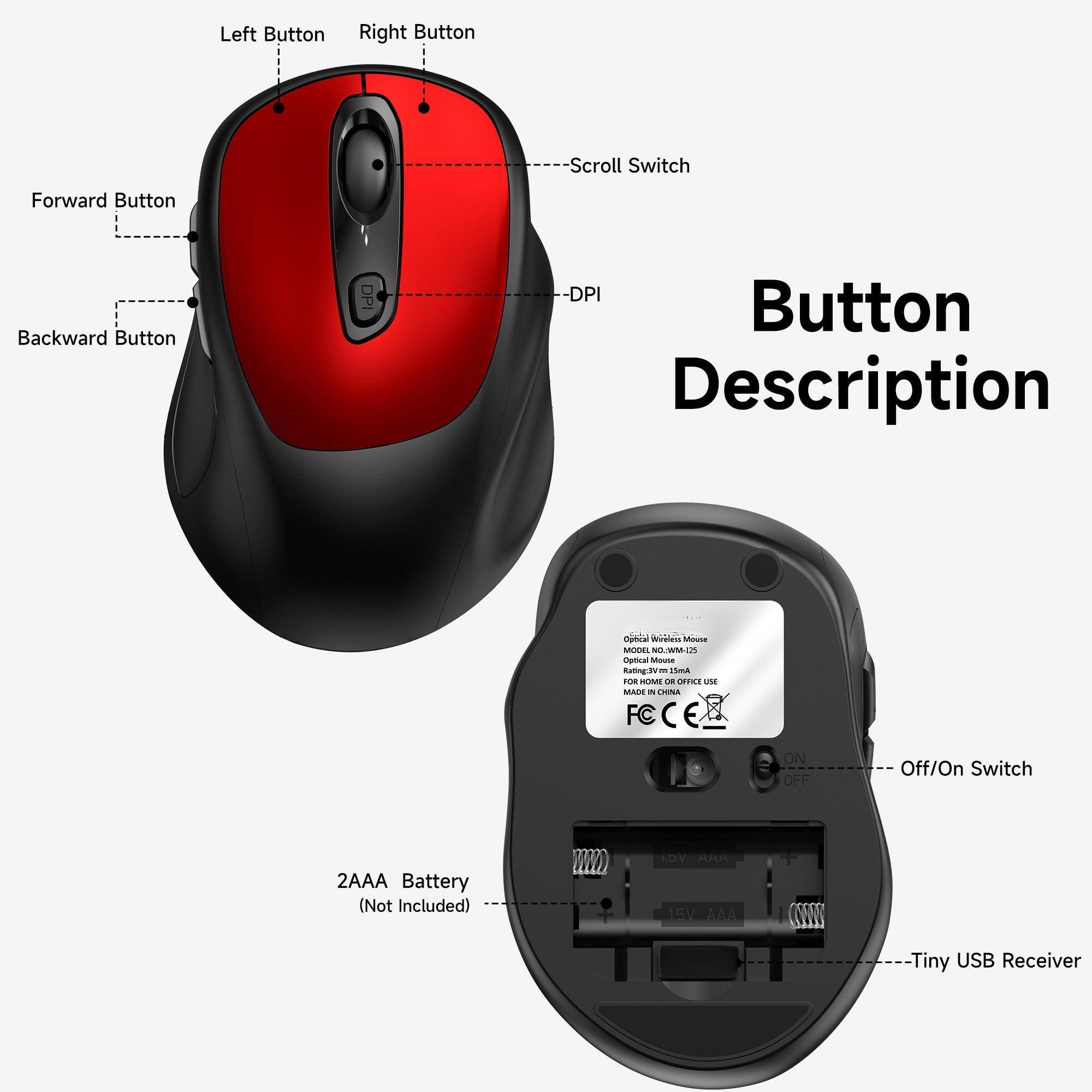 Button Description

Left Button
Right Button
Forward Button
Backward Button
Scroll Switch
DPI

2AAA Battery (Not Included)

Tiny USB Receiver

Off/On Switch

Optical Wireless Mouse
Model: 25
Optical Mouse
Rating: 2.4GHz Wireless Use
Made in China
FC CE

1.5V AAA
1.5V AAA