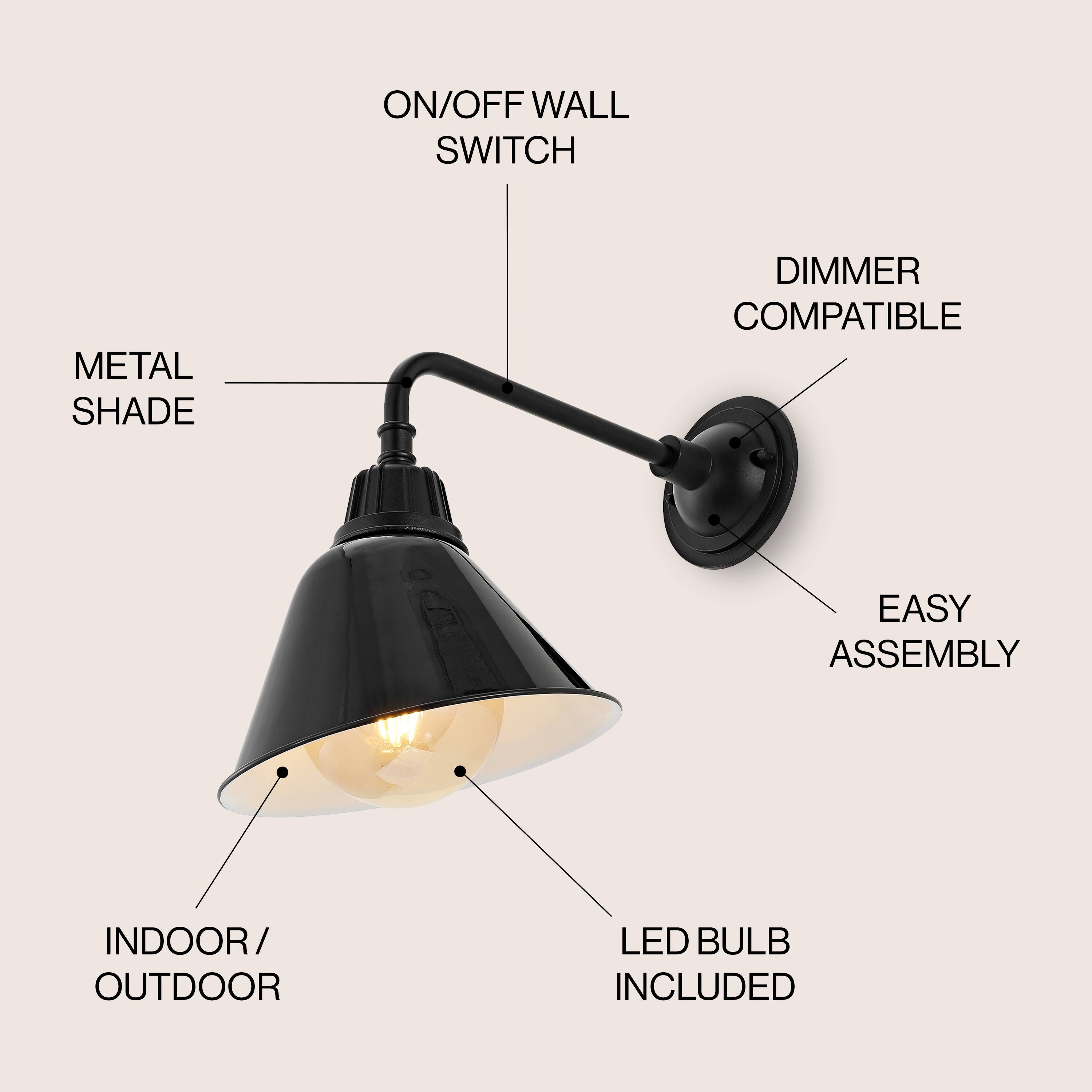 ON/OFF WALL SWITCH, METAL SHADE, DIMMER COMPATIBLE, EASY ASSEMBLY, INDOOR/OUTDOOR, LED BULB INCLUDED