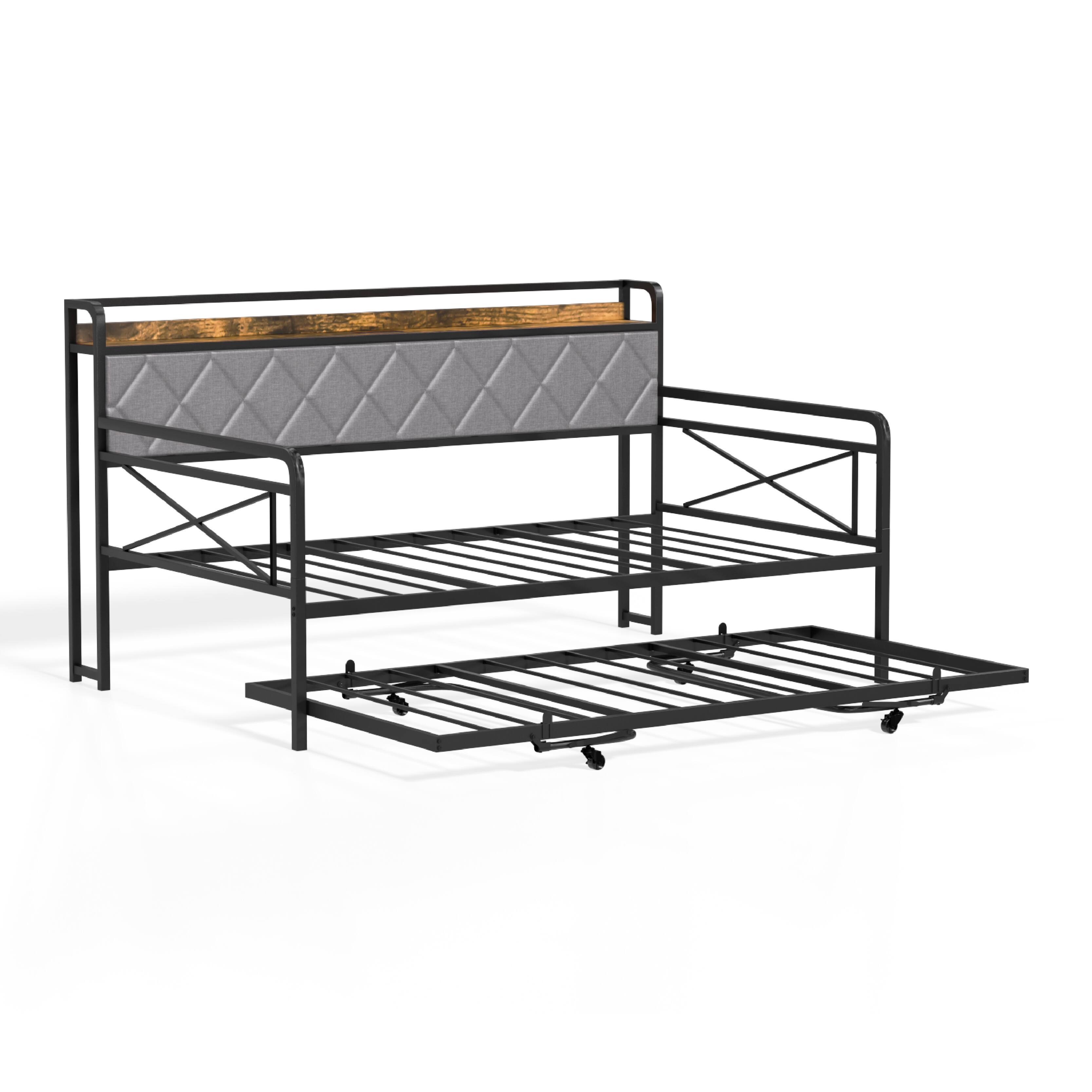 Alt View 2. Winado - Twin Daybed with Trundle Bed Sofa DayBed with LED Light & Charing Station Upholstered Bed Frame with Storage Headboard - Black & Fabric Grey.