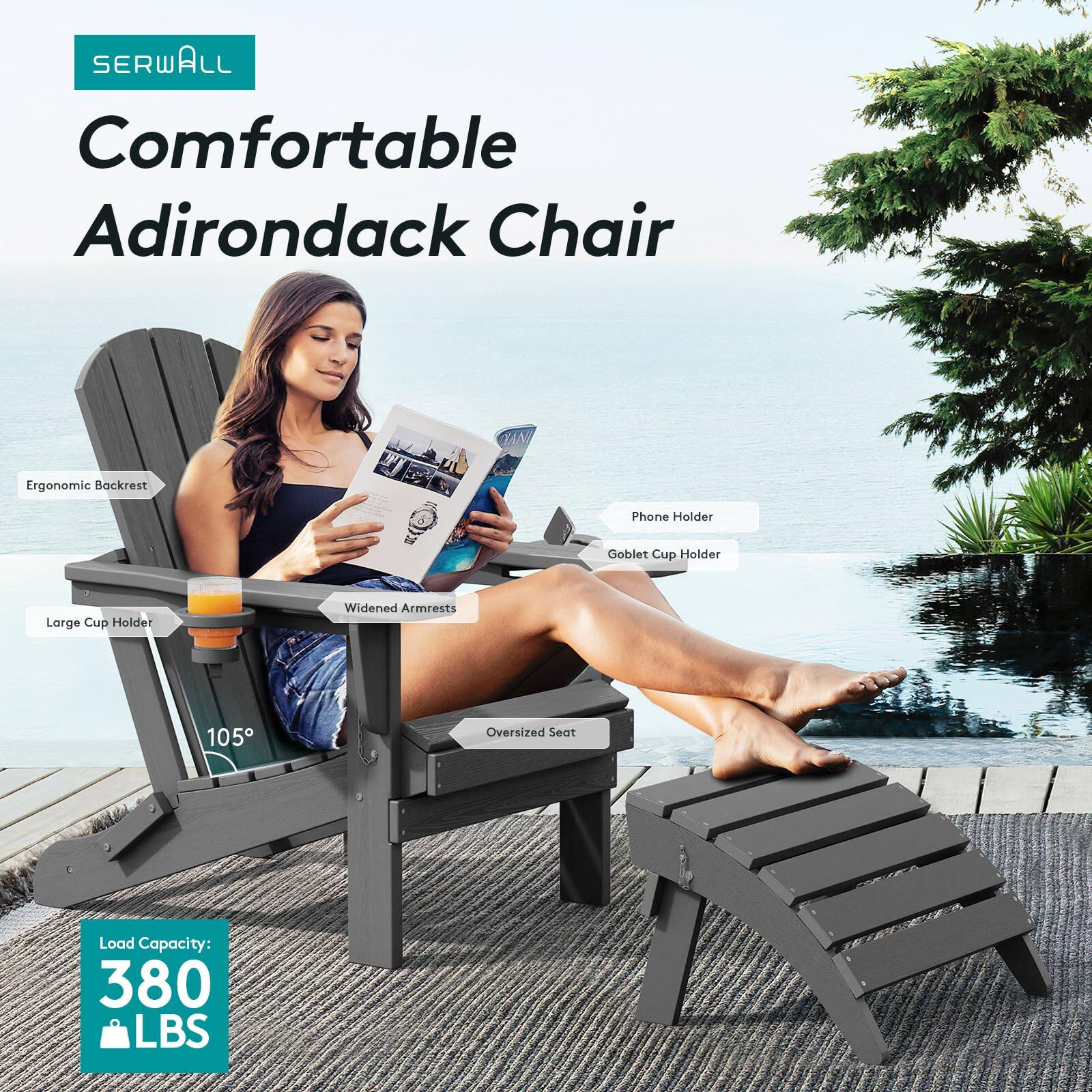 SERWALL Comfortable Adirondack Chair Ergonomic Backrest Phone Holder Goblet Cup Holder Large Cup Holder Widened Armrests 105 Oversized Seat Load Capacity: 380 LBS