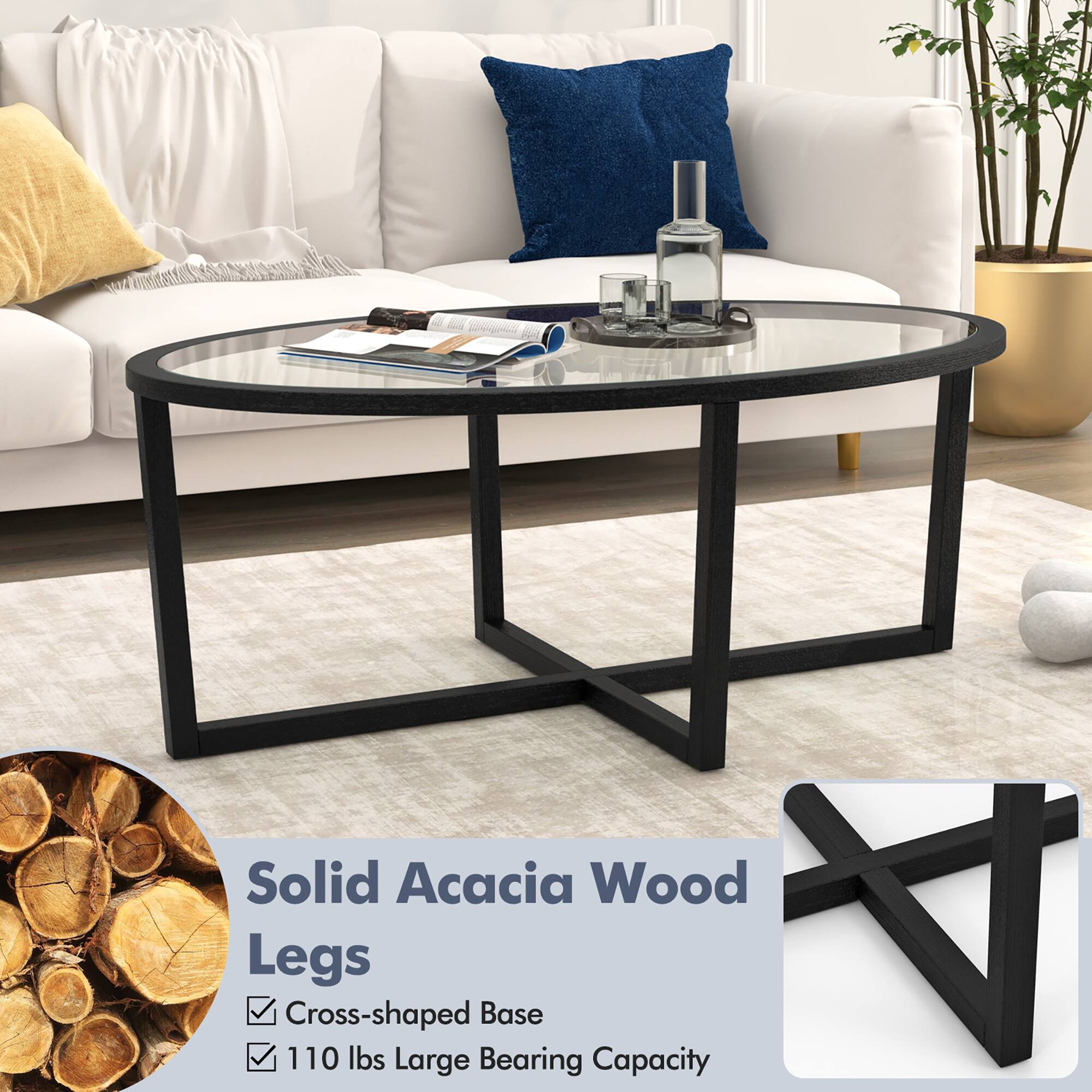 Solid Acacia Wood Legs  
- Cross-shaped Base  
- 110 lbs Large Bearing Capacity