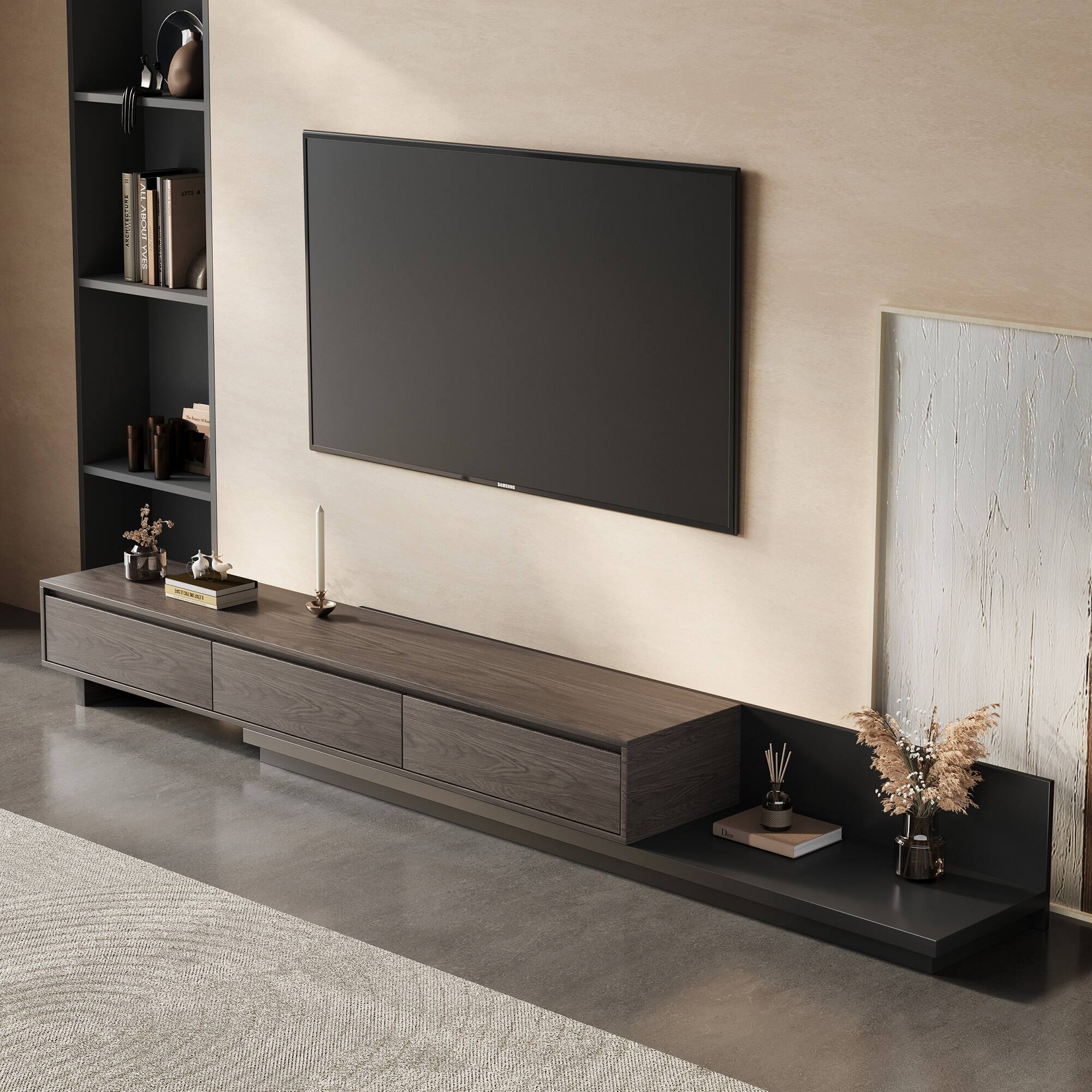 Back. luck idea - 78.7" Stretchable TV stand, tv console With a maximum width of 141.7" , With Three Storage Drawers. - Black walnut color.