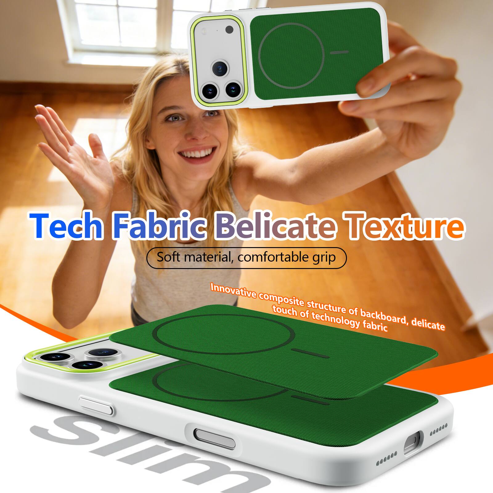 Tech Fabric Delicate Texture  
Soft material, comfortable grip  
Innovative composite structure of backboard, delicate touch of technology fabric