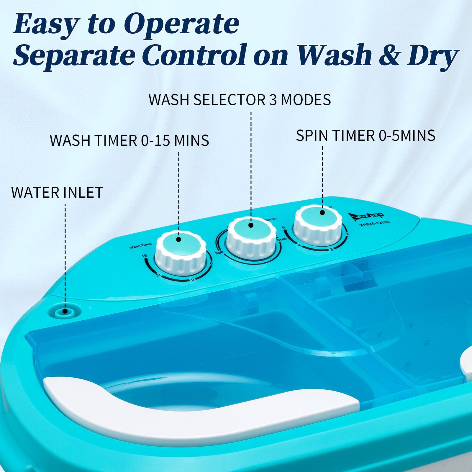 Easy to Operate Separate Control on Wash & Dry

WASH SELECTOR 3 MODES

WASH TIMER 0-15 MINS

SPIN TIMER 0-5 MINS

WATER INLET