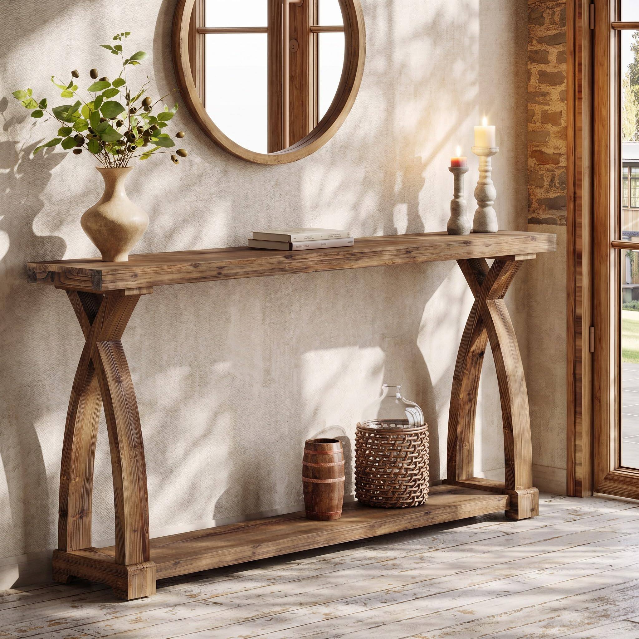 Alt View 4. Tribesigns - 63" Long Console Table, 2-Tier Entryway Table with Storage Shelf - Rustic Brown.