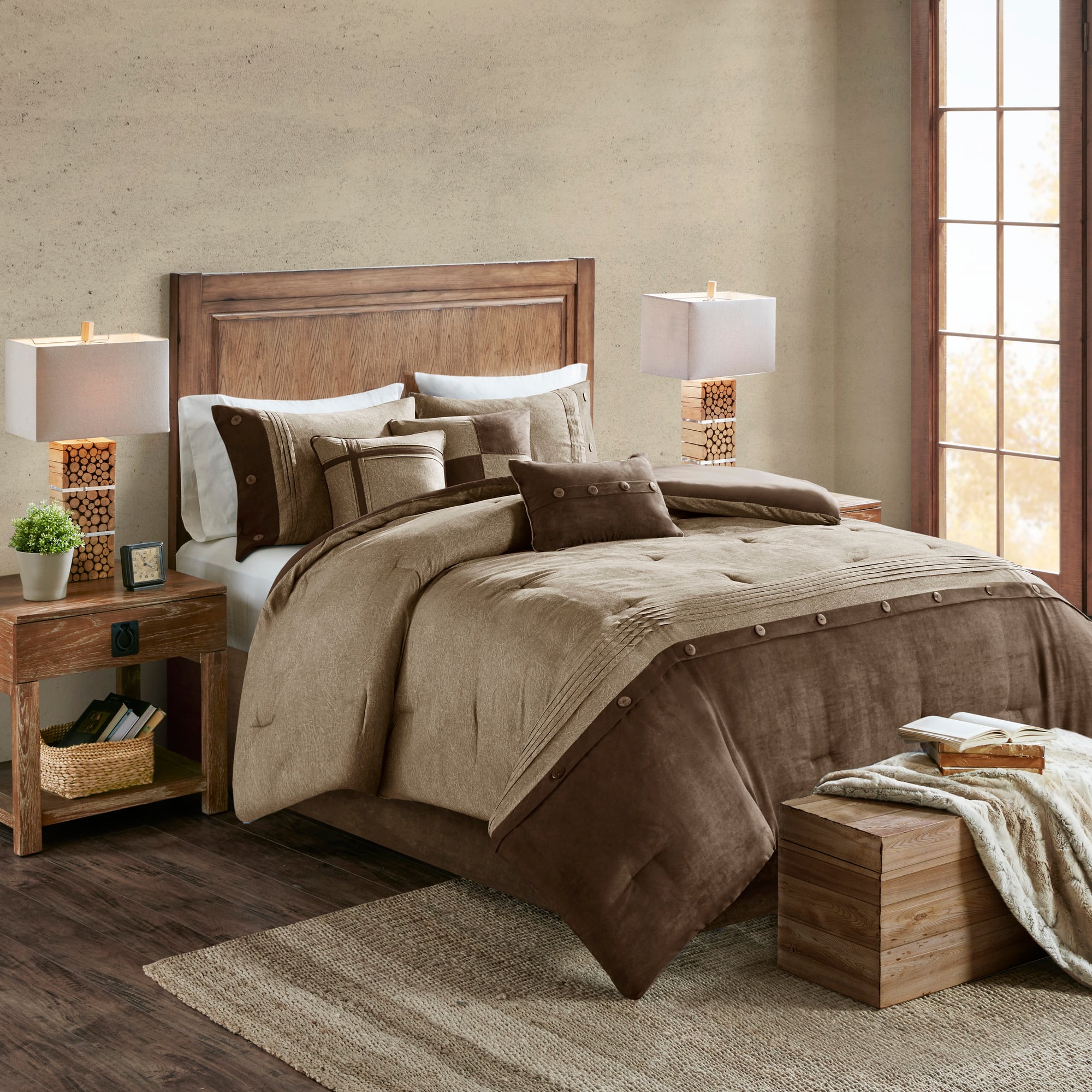 TinyHomie - 7 Piece Faux Suede Comforter Set Cal King - Brown