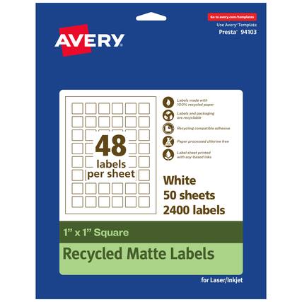 Go to avery.com/templates
Use Avery Template Presta® 94103
Labels made with 100% recycled paper
Labels and packaging are recyclable
Recycling compatible adhesive
Paper processed chlorine free
Label sheet printed with soy-based inks
48 labels per sheet
White
50 sheets
2400 labels
1" x 1" Square
Recycled Matte Labels for Laser/Inkjet