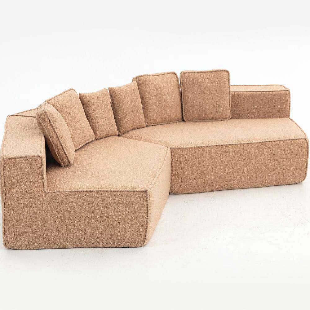 Alt View 8. Kadyn - 132" Oversized Teddy Modular Sofa - Full-Foam Couch with 6 Pillows, High-Density Support for Family Living Rooms - Brown.