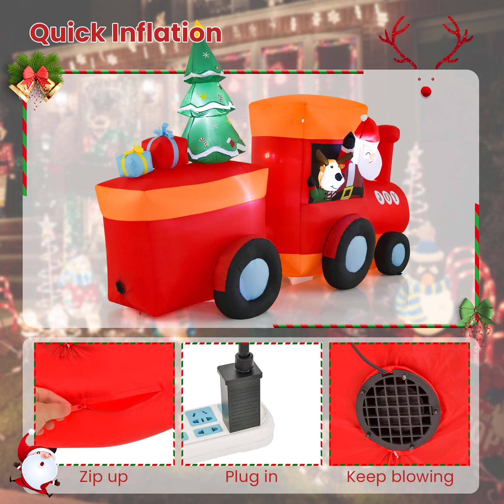 Quick Inflation:

1. Zip up: The image shows a red toy truck with a green tree and presents the toy truck as a gift.
2. Plug in: The image shows a red toy truck with a green tree and presents the toy truck as a gift.
3. Keep blowing: The image shows a red toy truck with a green tree and presents the toy truck as a gift.