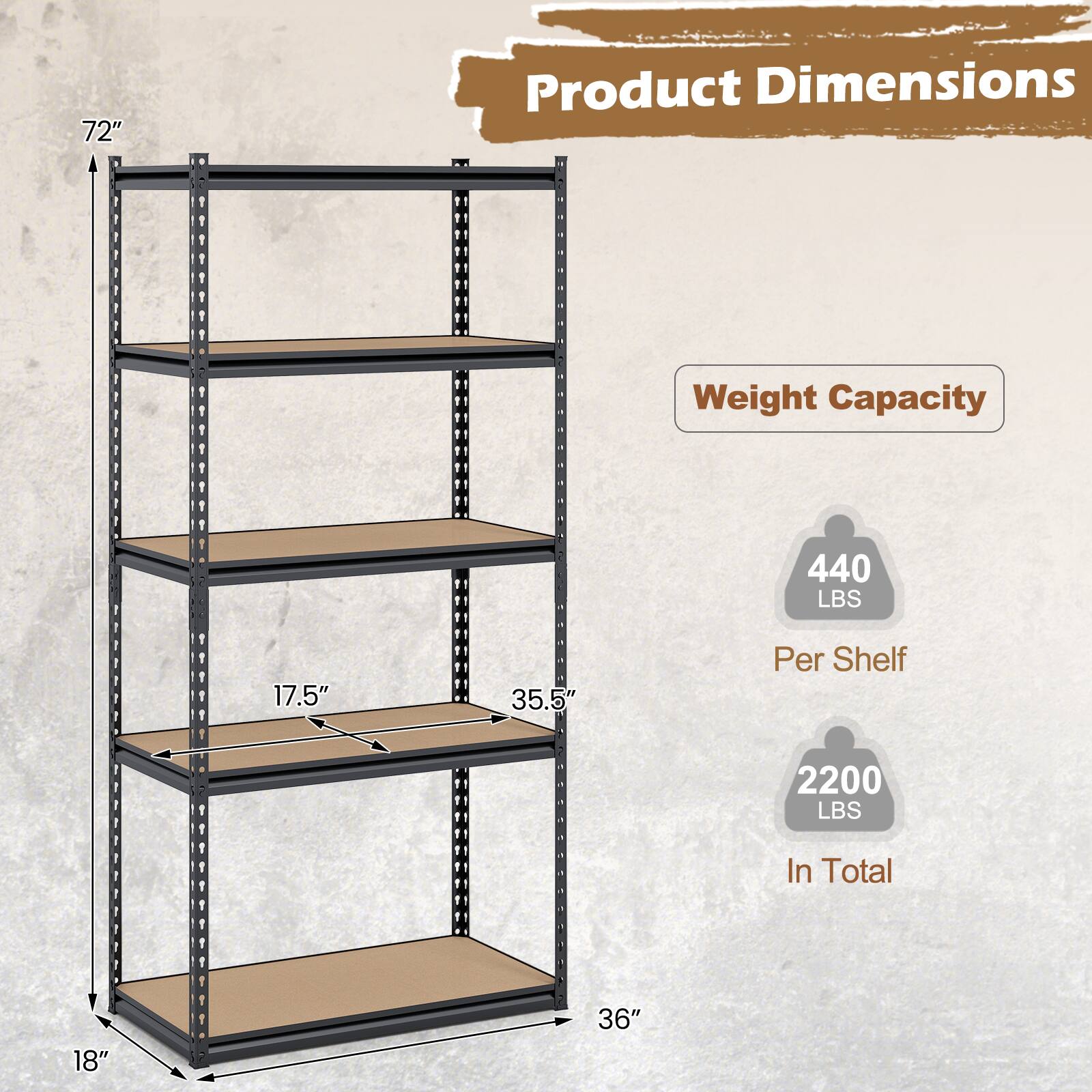 Product Dimensions  
Weight Capacity  

72"  
17.5"  
18"  
36"  

440 LBS Per Shelf  
2200 LBS In Total