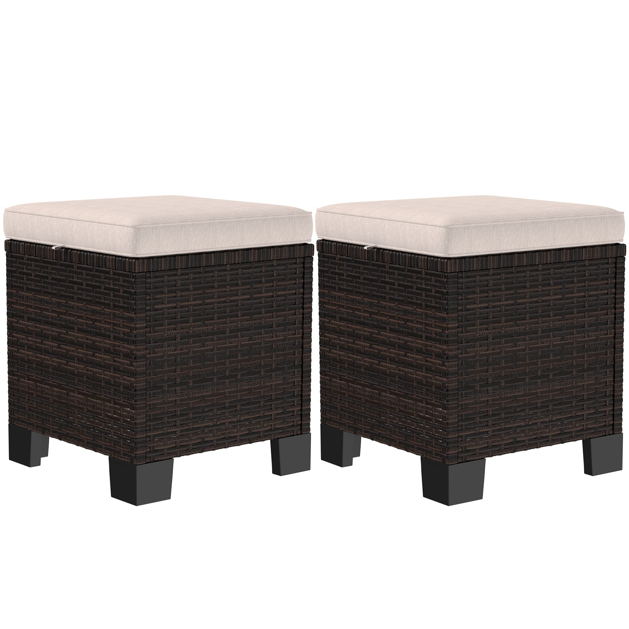 Outsunny - Piece Wicker Outdoor Ottomans with Cushions, Rattan Ottoman Footrest and Side Table for Patio, Yard - Cream White