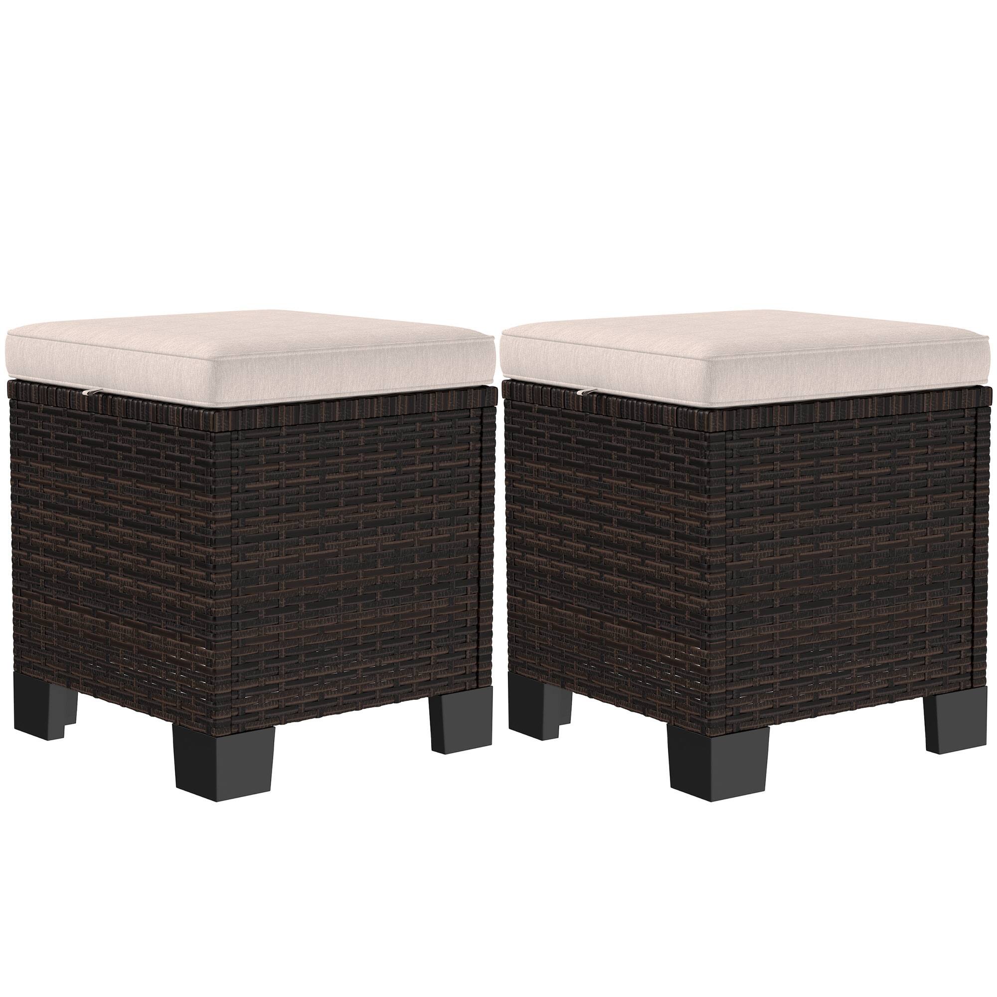 Outsunny - Piece Wicker Outdoor Ottomans with Cushions, Rattan Ottoman Footrest and Side Table for Patio, Yard - Cream White