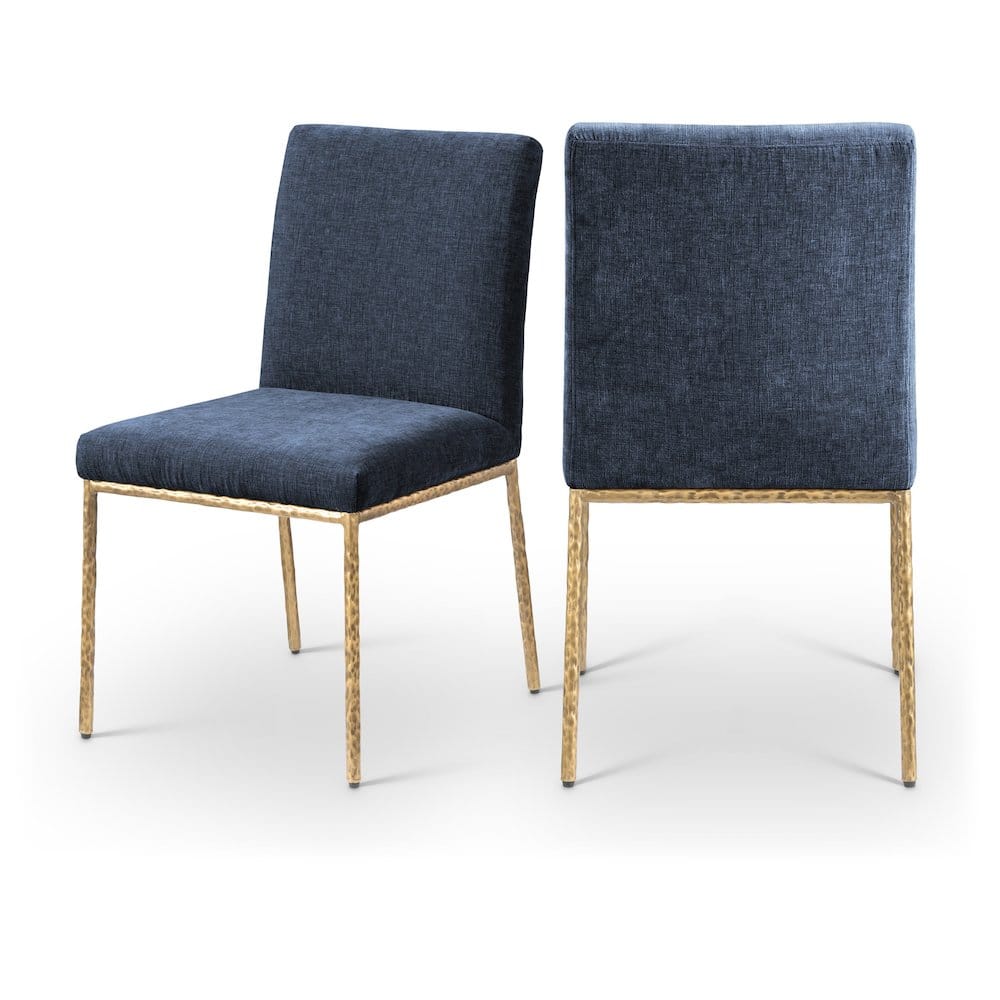 Meridian Furniture - Reeves Navy Chenille Fabric Upholstered Dining Side Chair, Set of 2 - Gold