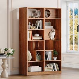 HTUTWOO - Modern 2-in-1 Wooden Bookshelf & Cat House, Space Saving, with Storage for Living Room Bedroom, Ideal for Cat Owners - Brown