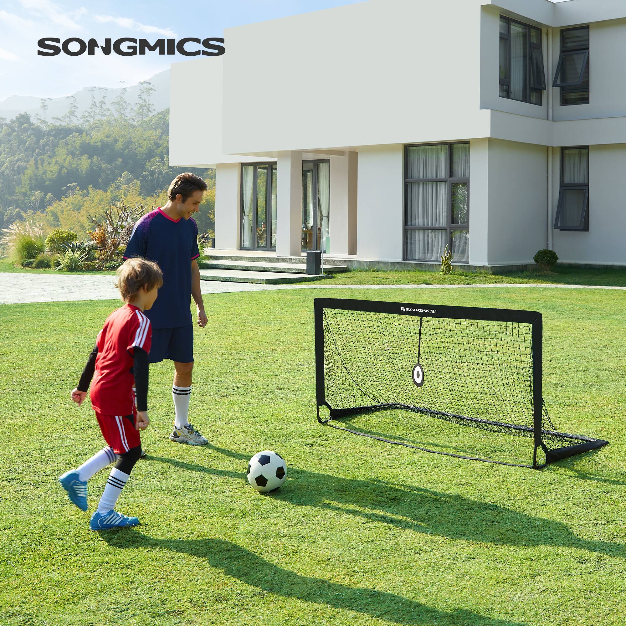 Angle. Songmics Home - Portable Soccer Goal, 6x3 ft Folding Kids Soccer Net with Target and Training Cones, for Backyard, Park, Garden, Beach - Black.