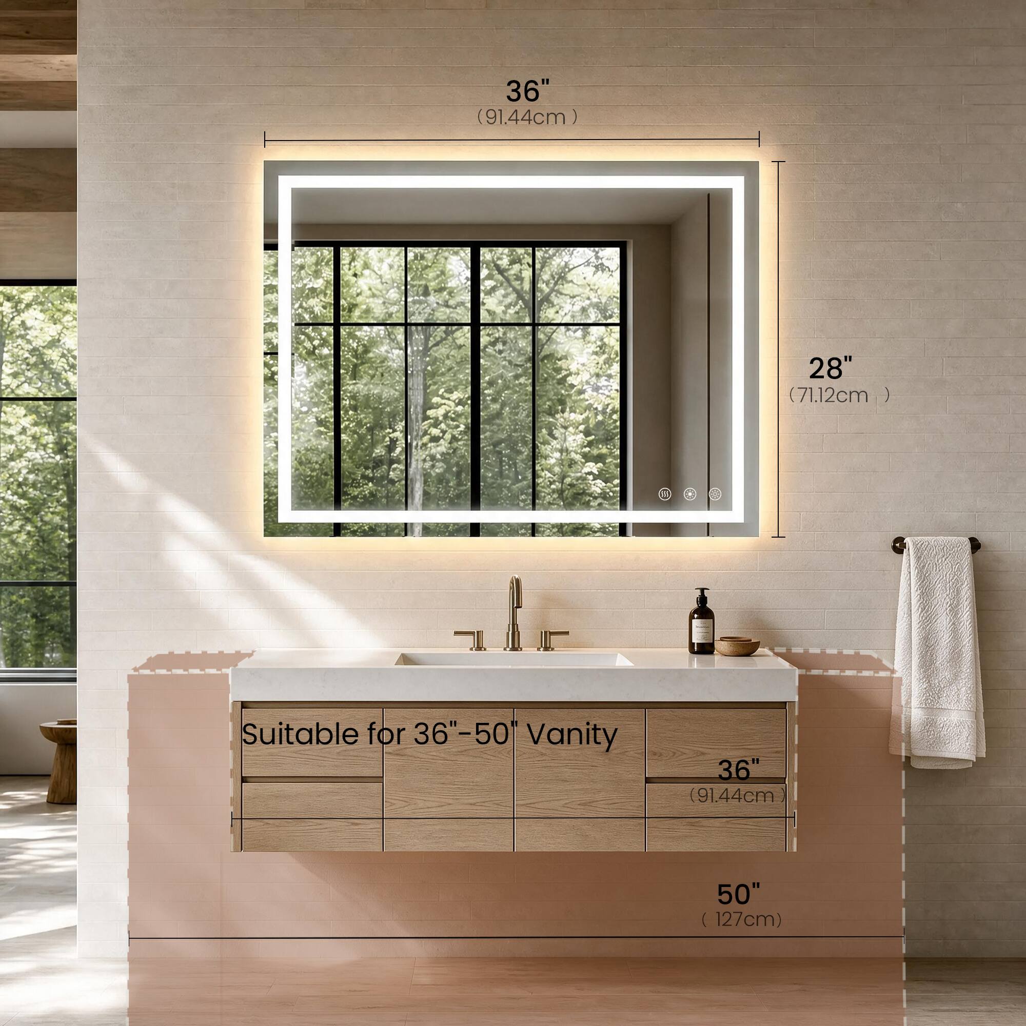 36" (91.44cm)  
28" (71.12cm)  
Suitable for 36"-50" Vanity  
36" (91.44cm)  
50" (127cm)