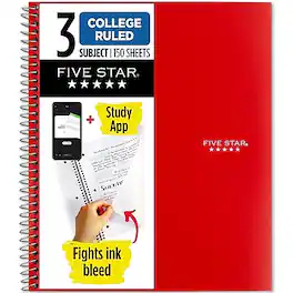 Five Star - 3-Subject Wirebound Notebook, 8-1/2" x 11", College Ruled, 150 Sheets - Red