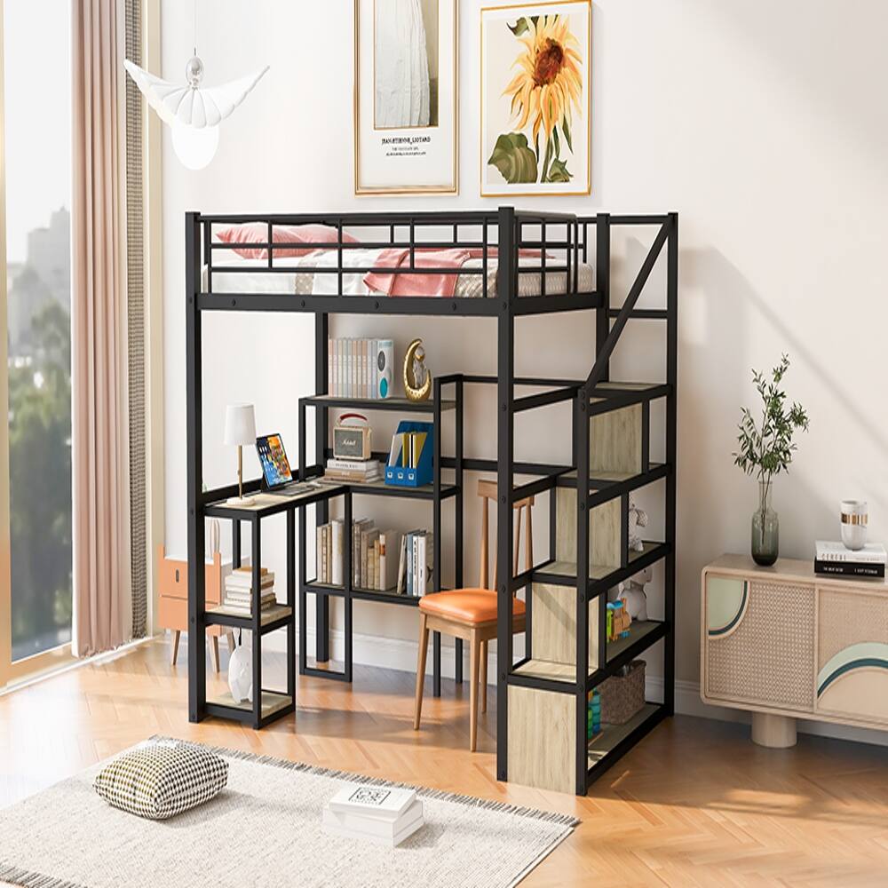 Alt View 1. Loheer - Loheer Full Size Metal Loft Bed with Desk, Staircase and Shelves, Black - Black.