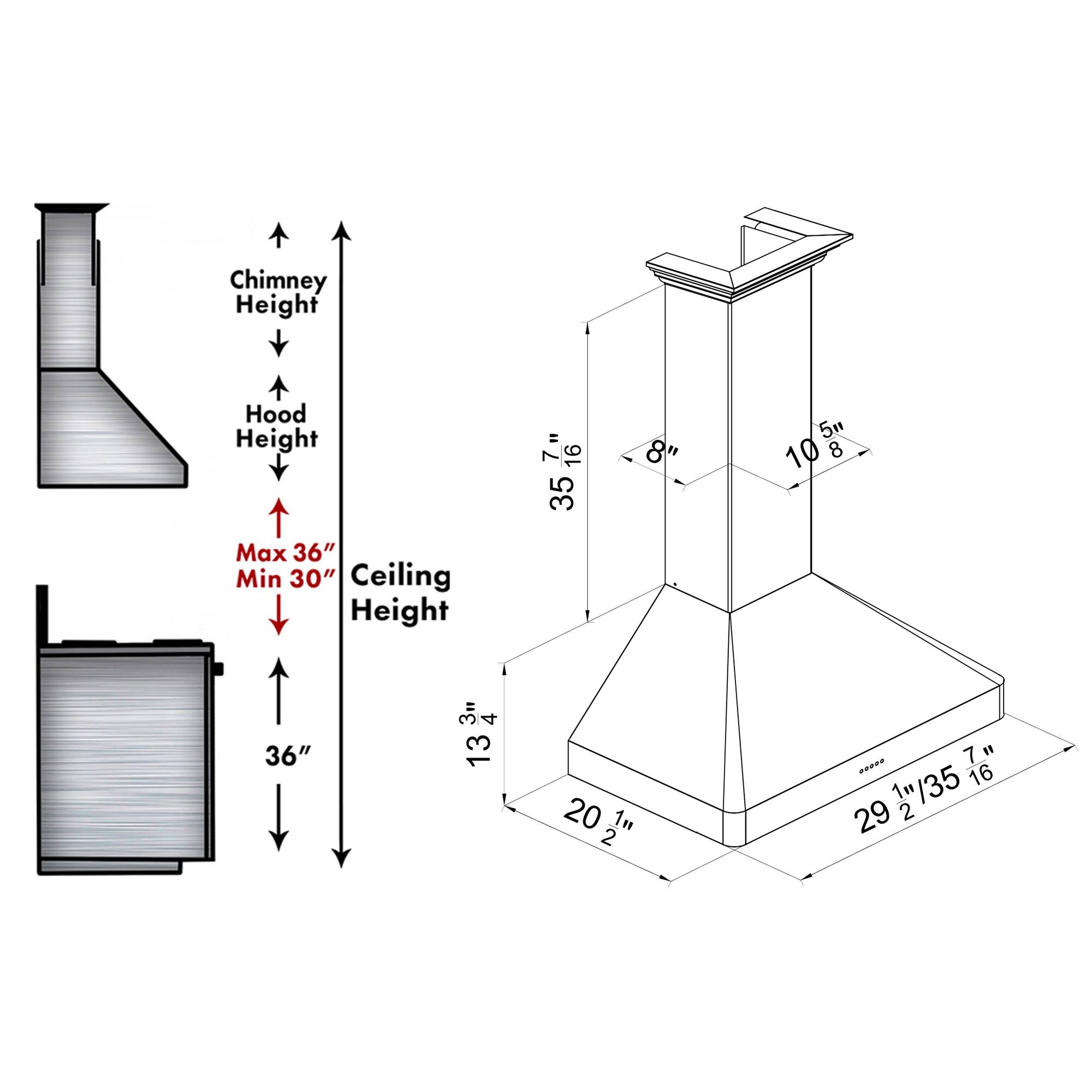 Chimney Height Hood Height 7" 16 35 8" Fy 5" 10 8 Max 36" Min 30" Ceiling Height 36" 3 4 13 20 1. 2 ... 7" 2"/3576" 2/35 16 29 2