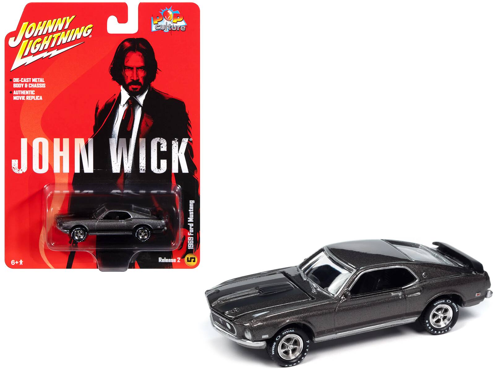 Johnny Lightning - 1969 Ford Mustang Mach I Gray Metallic Black Stripes John Wick 2014 Movie Pop Culture 2024 Release 1/64 - Gray Metallic And Black