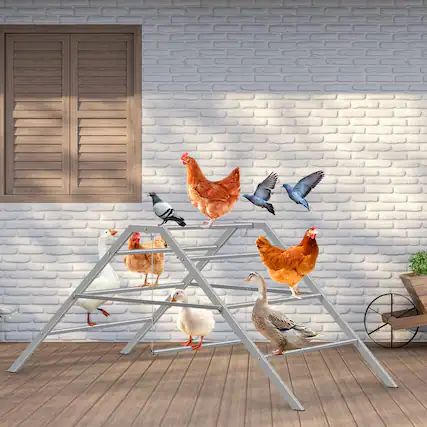 Front. Oumilen - A-Frame Metal Chicken Perch Ladder with 2 Hanging Swings, Large Poultry Roost Play Stand for Chickens Ducks Pigeons - Gray.