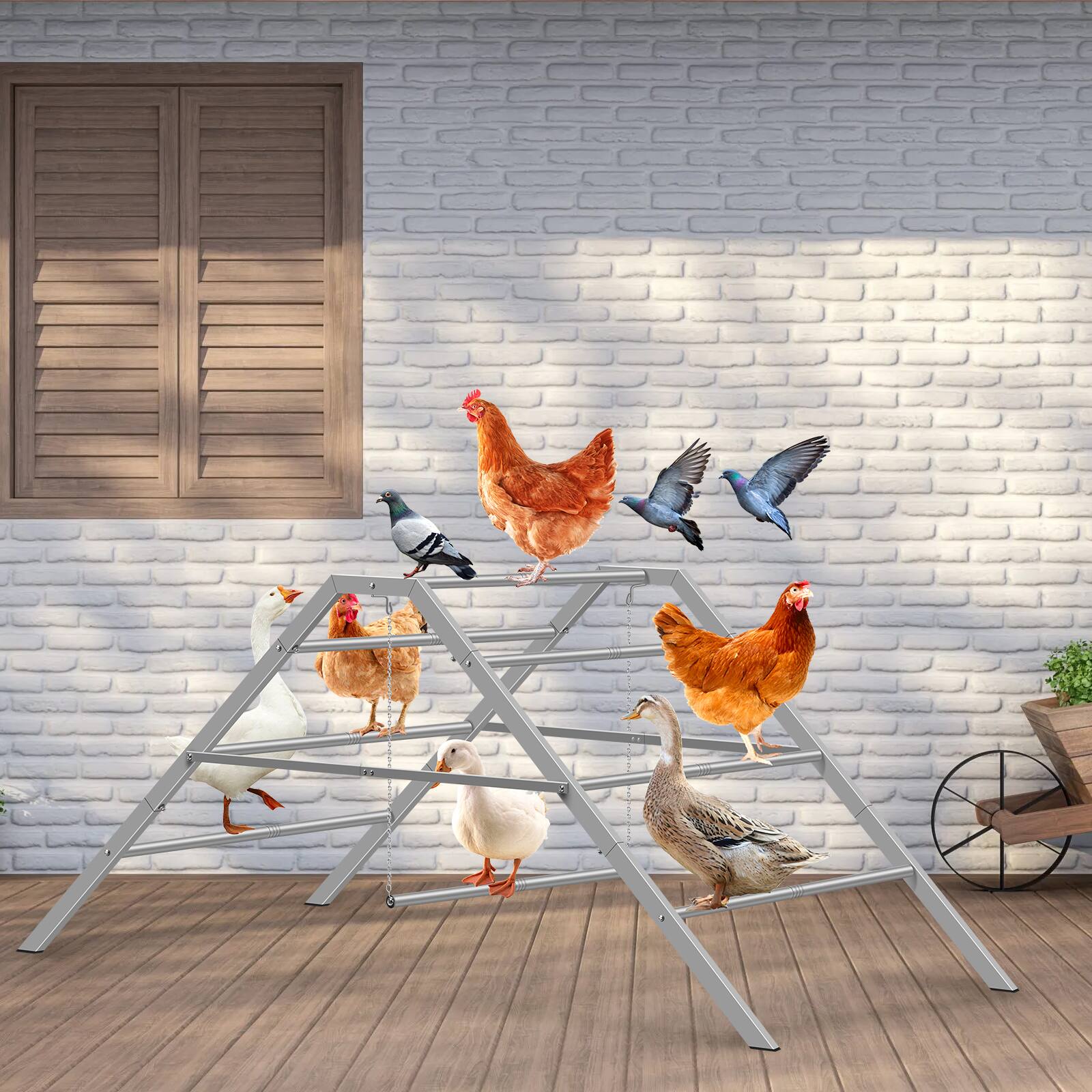 Front. Oumilen - A-Frame Metal Chicken Perch Ladder with 2 Hanging Swings, Large Poultry Roost Play Stand for Chickens Ducks Pigeons - Gray.