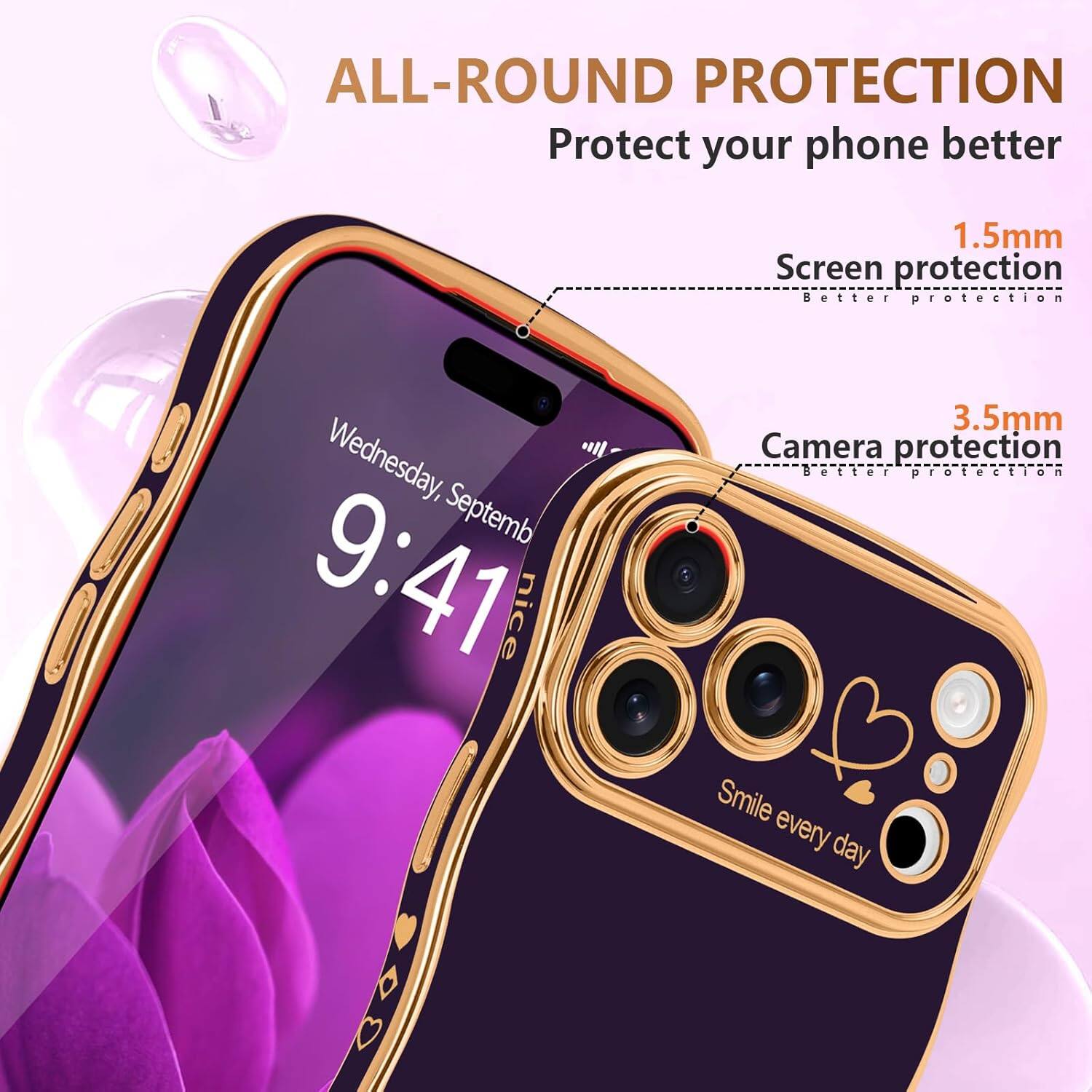 ALL-ROUND PROTECTION  
Protect your phone better  

1.5mm Screen protection  
Better protection  

3.5mm Camera protection  
Better protection  

Smile every day