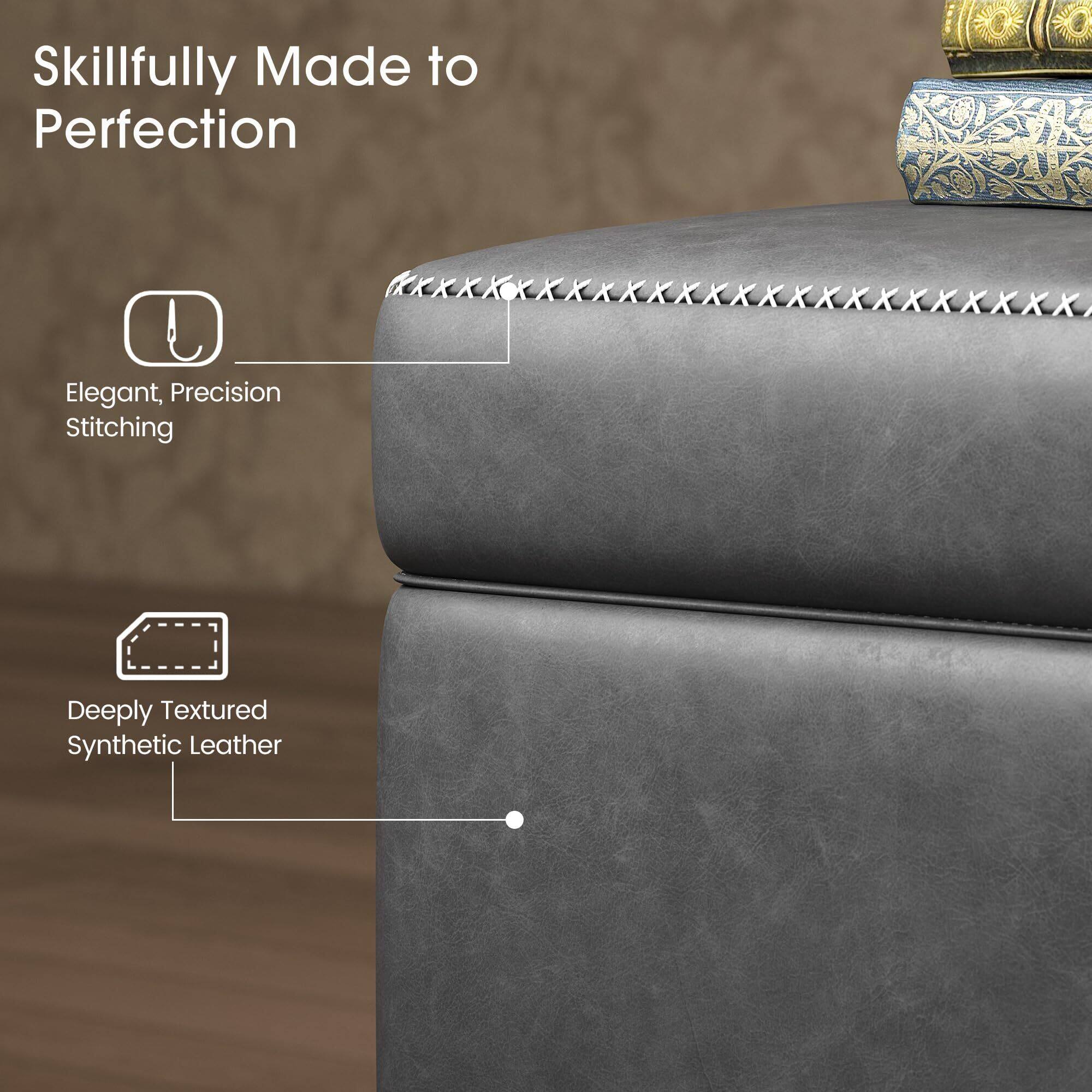 Alt View 4. Acekool - Storage Ottoman Bench, Ottoman Foot Rest, Mid-Century Modern, Synthetic Leather with Stitching, - Grey.